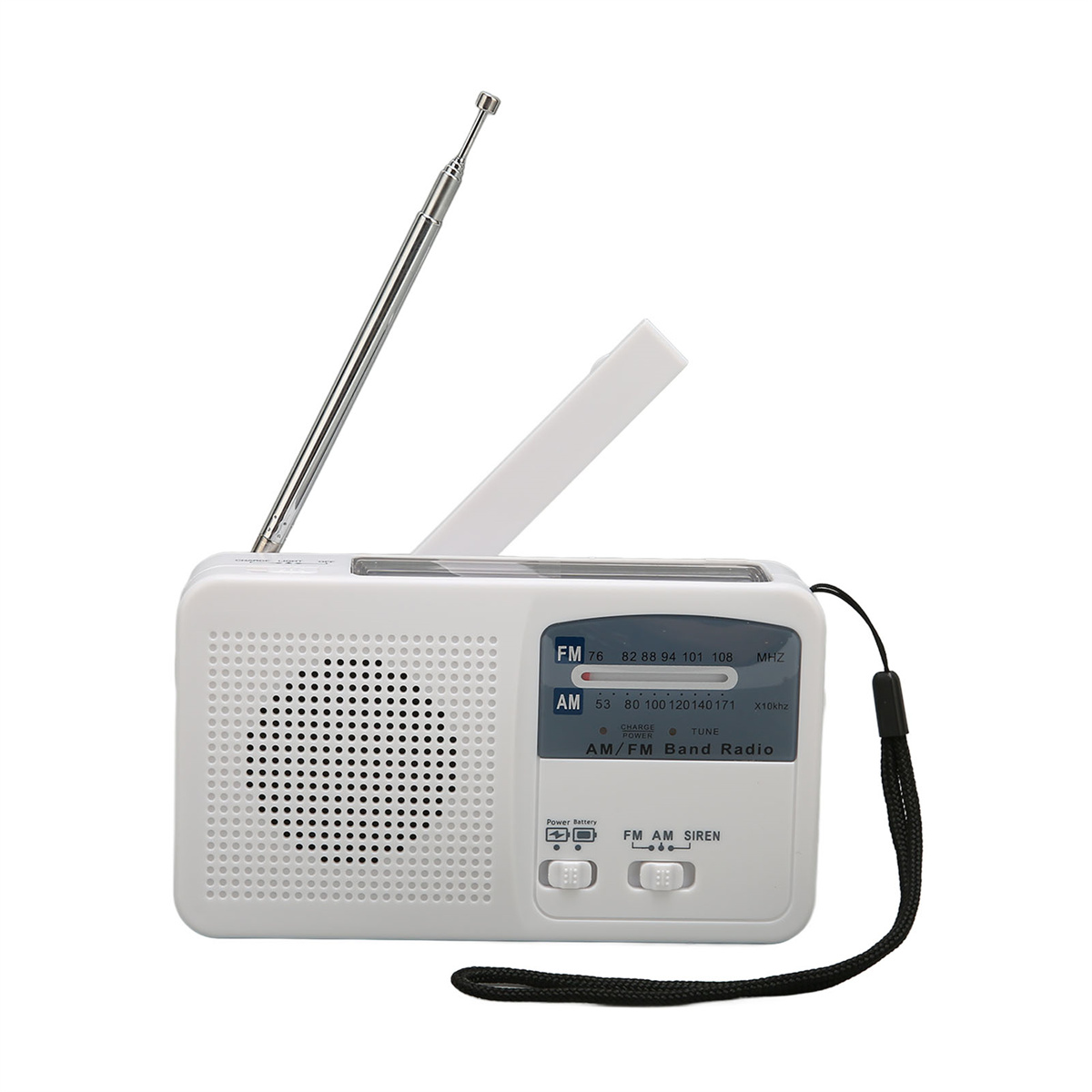 Ein weißes Radio mit ausziehbarer Antenne und Trageriemen. Es hat Knöpfe und einen Drehregler zum Einstellen.