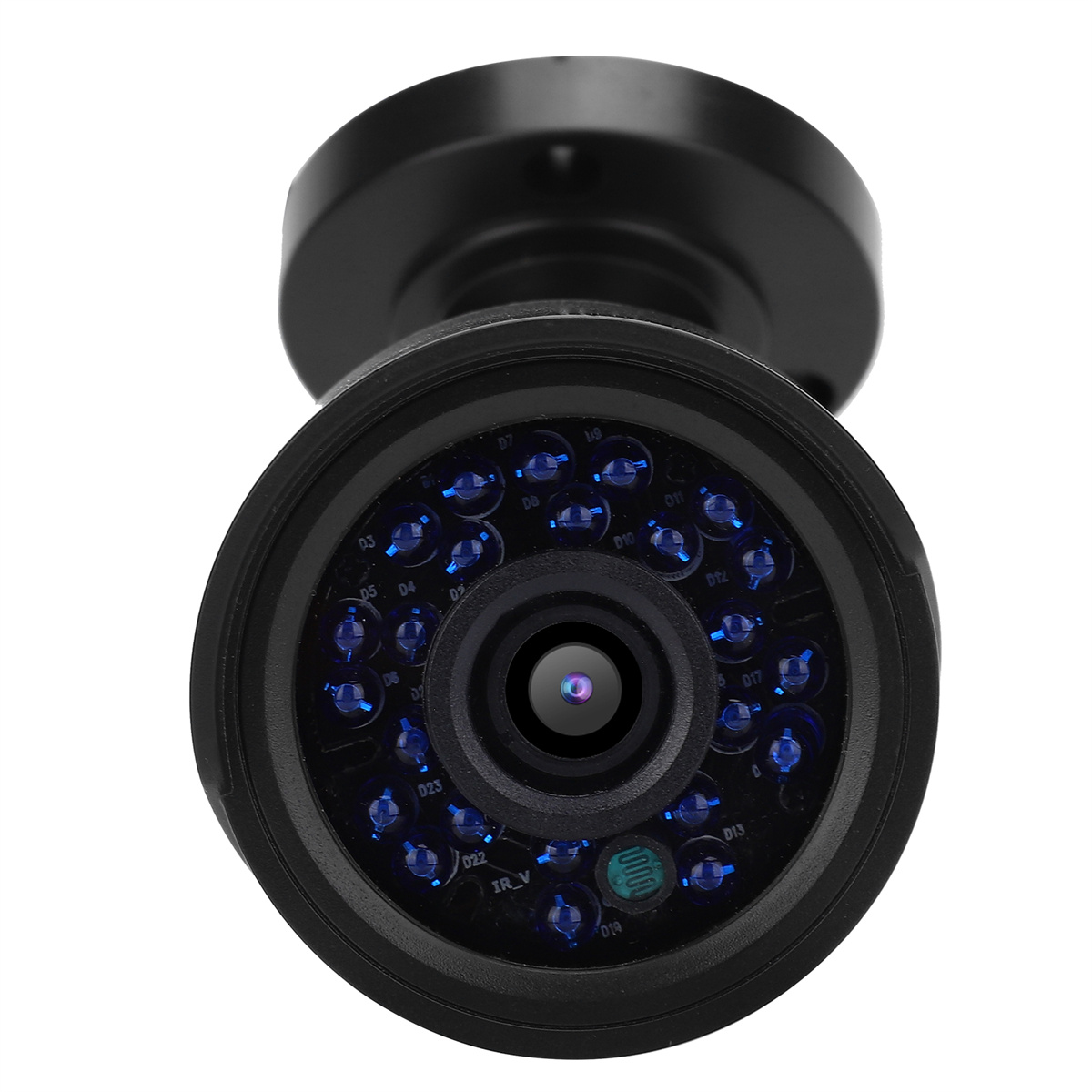 Schwarze Überwachungskamera mit blauen LEDs um das Objektiv. Die Kamera ist montiert.