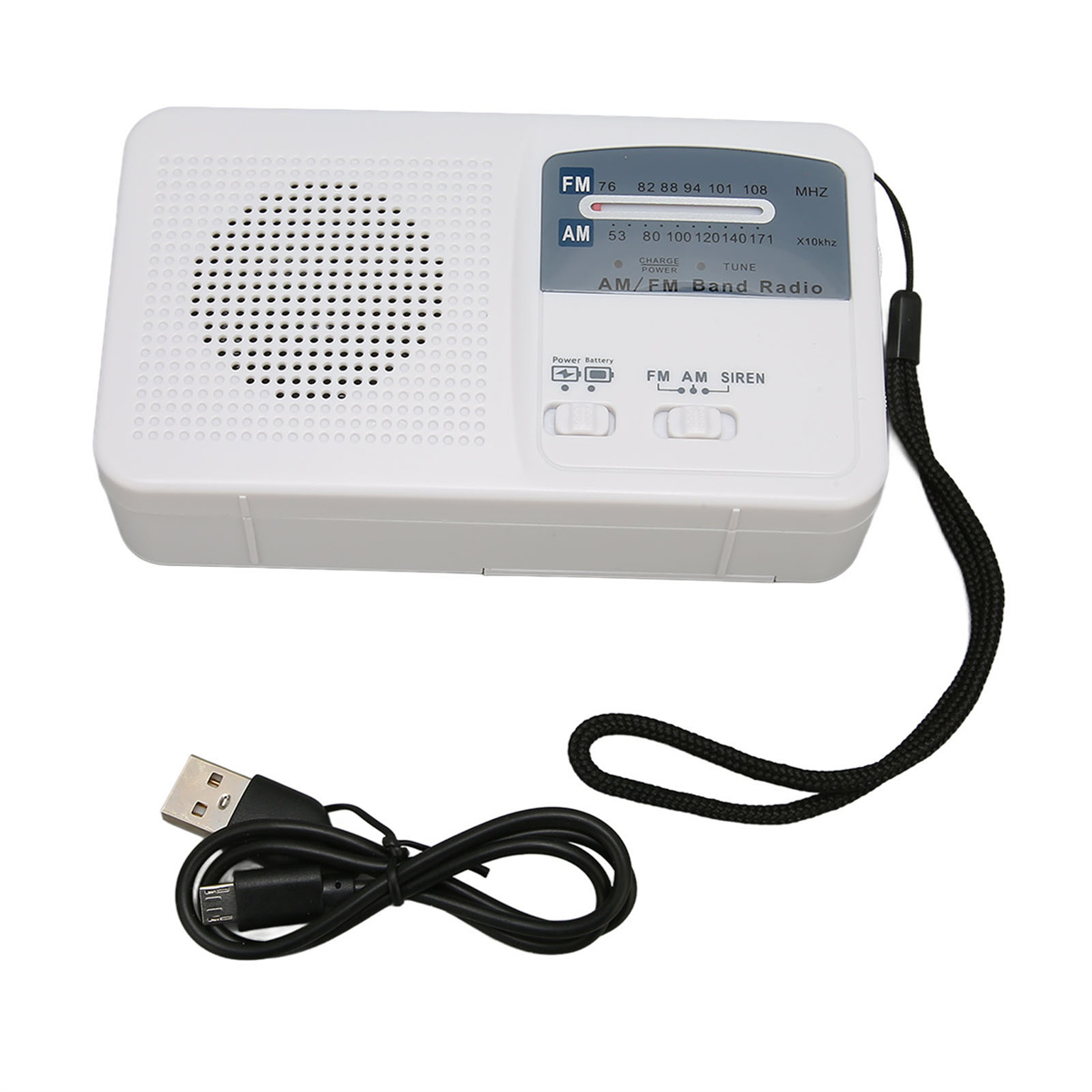 Weißes AM/FM-Radio mit Antenne und USB-Kabel. Schwarzer Gurt befestigt.