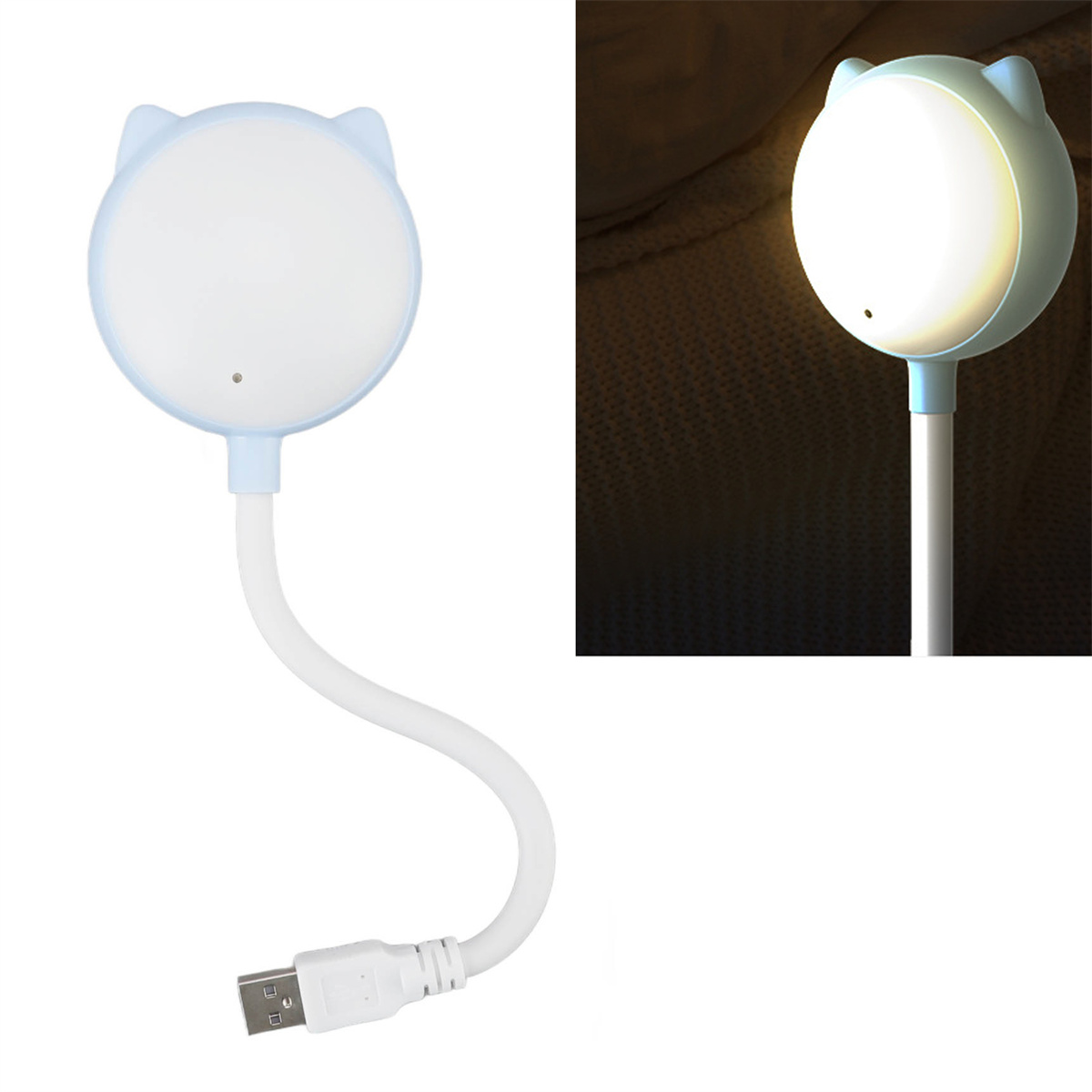 Katzenförmige LED-Lampe mit USB-Kabel und eine weitere beleuchtete Lampe.