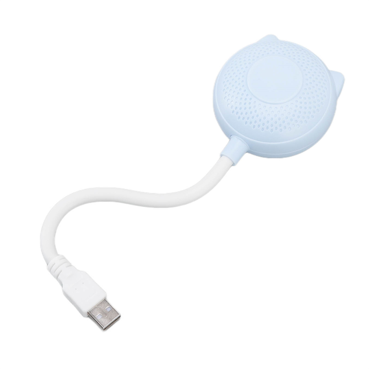 Ein blauer Lautsprecher mit gebogenem Hals und USB-Anschluss. Weißer Hintergrund.