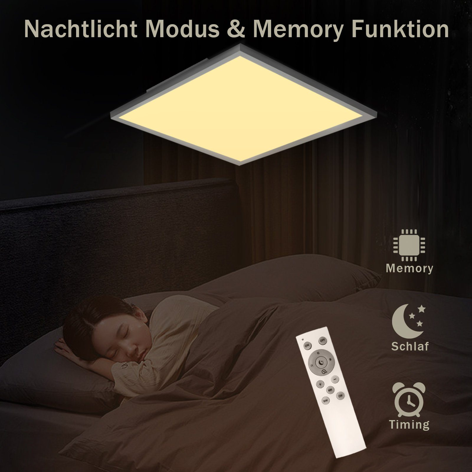 Kobieta śpiąca w łóżku. Pilot leży blisko poduszki. Jasna, kwadratowa lampa sufitowa.