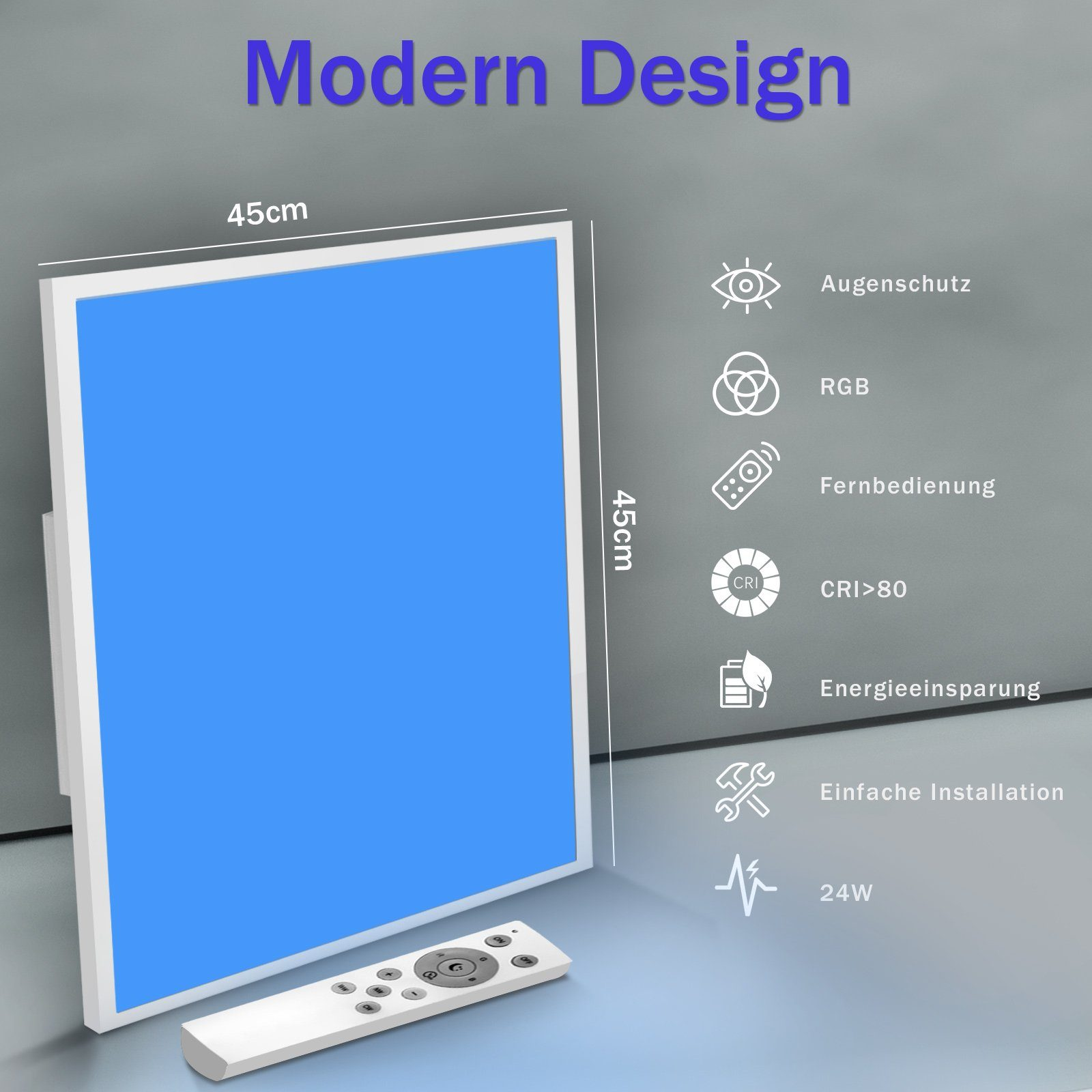 Kwadratowy panel LED z niebieskim światłem i pilotem, wymiary 45x45 cm.