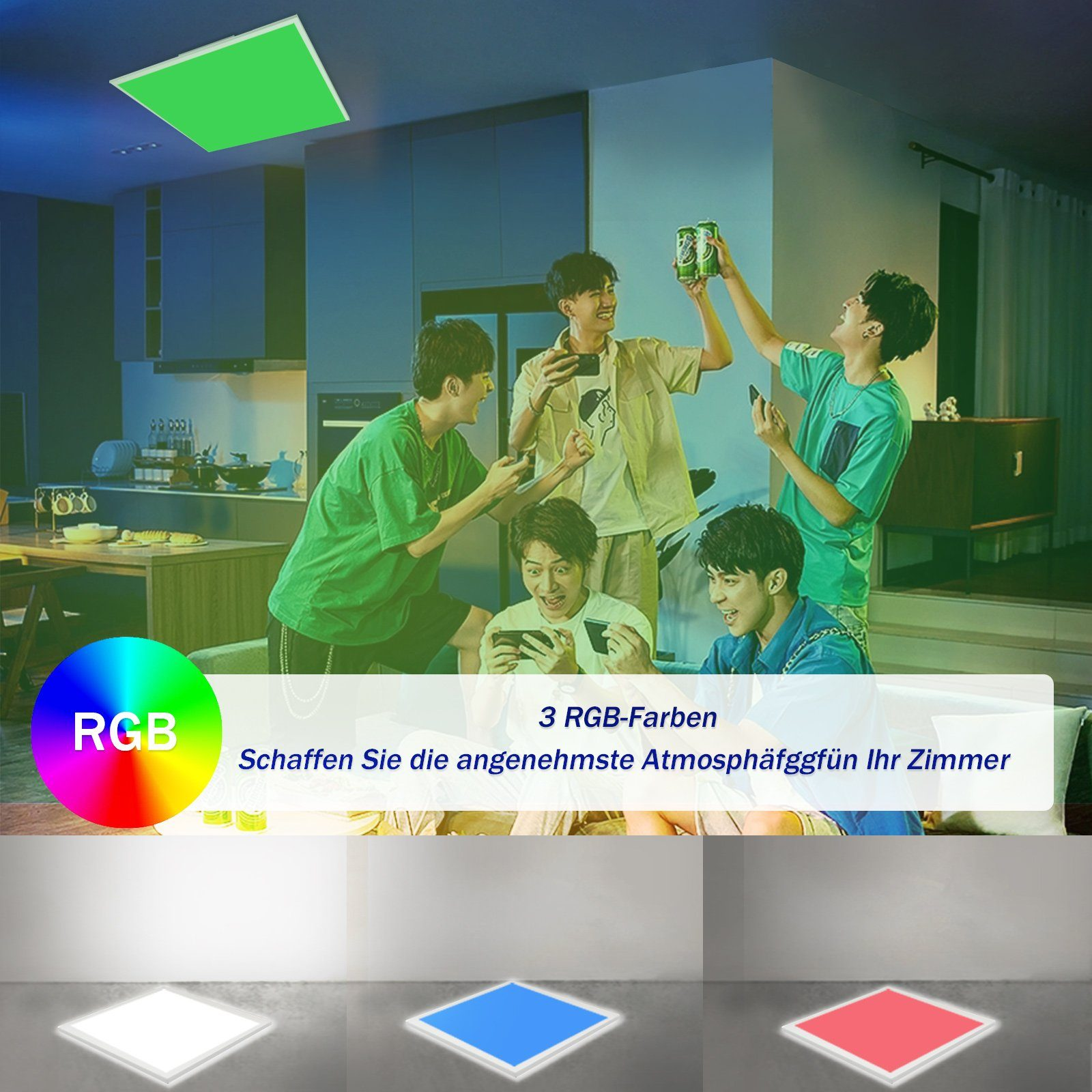 Grupa młodych mężczyzn w pokoju z oświetleniem RGB na suficie, trzymających puszki piwa.