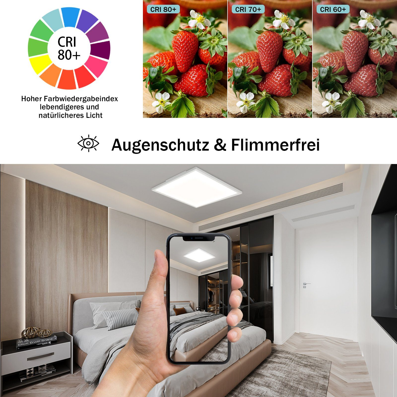 Obraz przedstawiający truskawki, koło barw i osobę trzymającą telefon ze światłem.