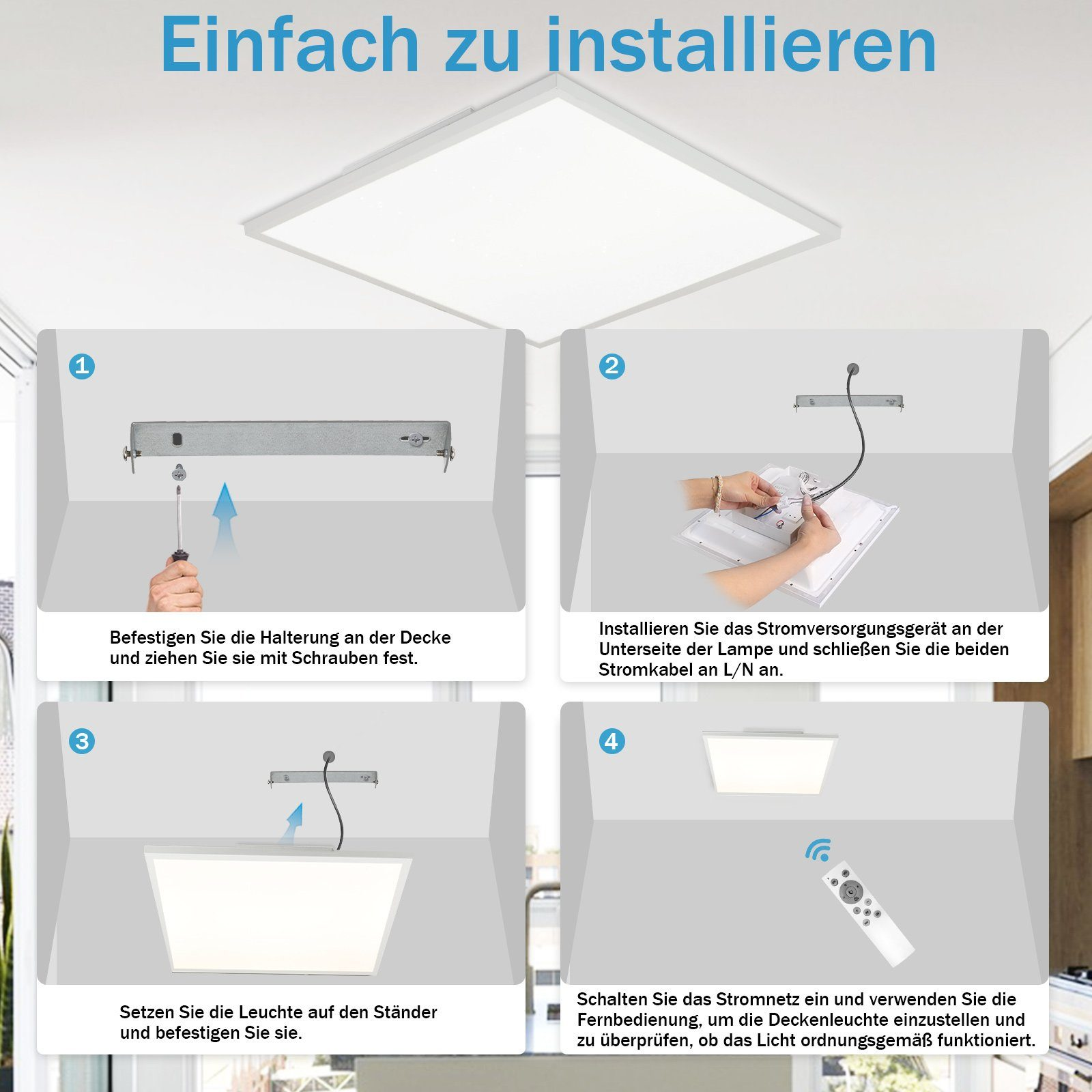 Czteropanelowy diagram pokazujący etapy instalacji oświetlenia sufitowego: montaż, okablowanie, mocowanie.