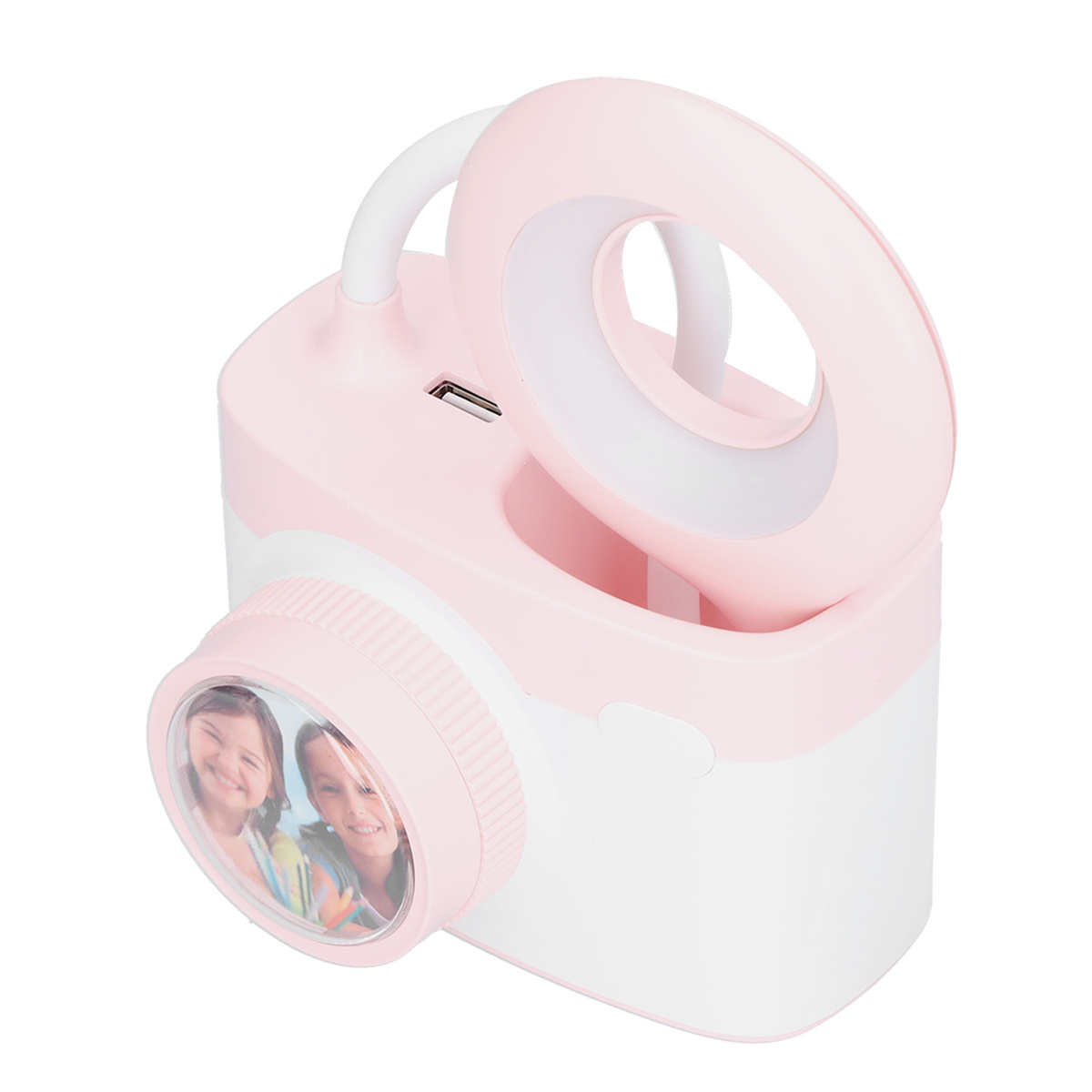 Rosa und weißes kameraförmiges Licht mit Griff. Enthält ein Foto von zwei Kindern. USB-Anschluss.