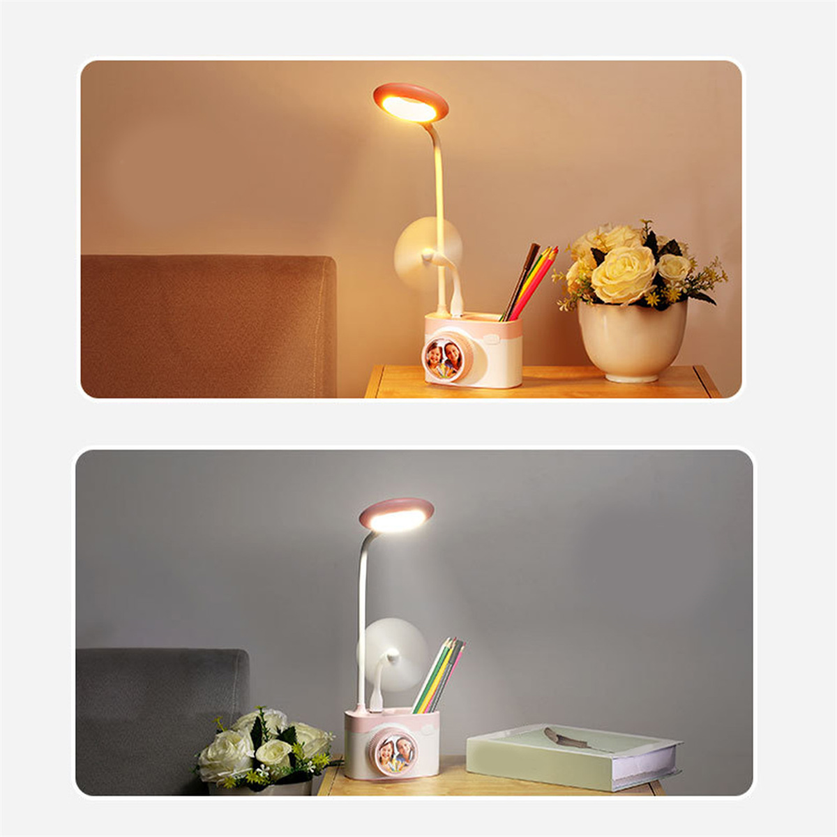 Schreibtischszene: eine Schreibtischlampe, Bleistifte, Blumen und ein Buch mit unscharfem Hintergrund.