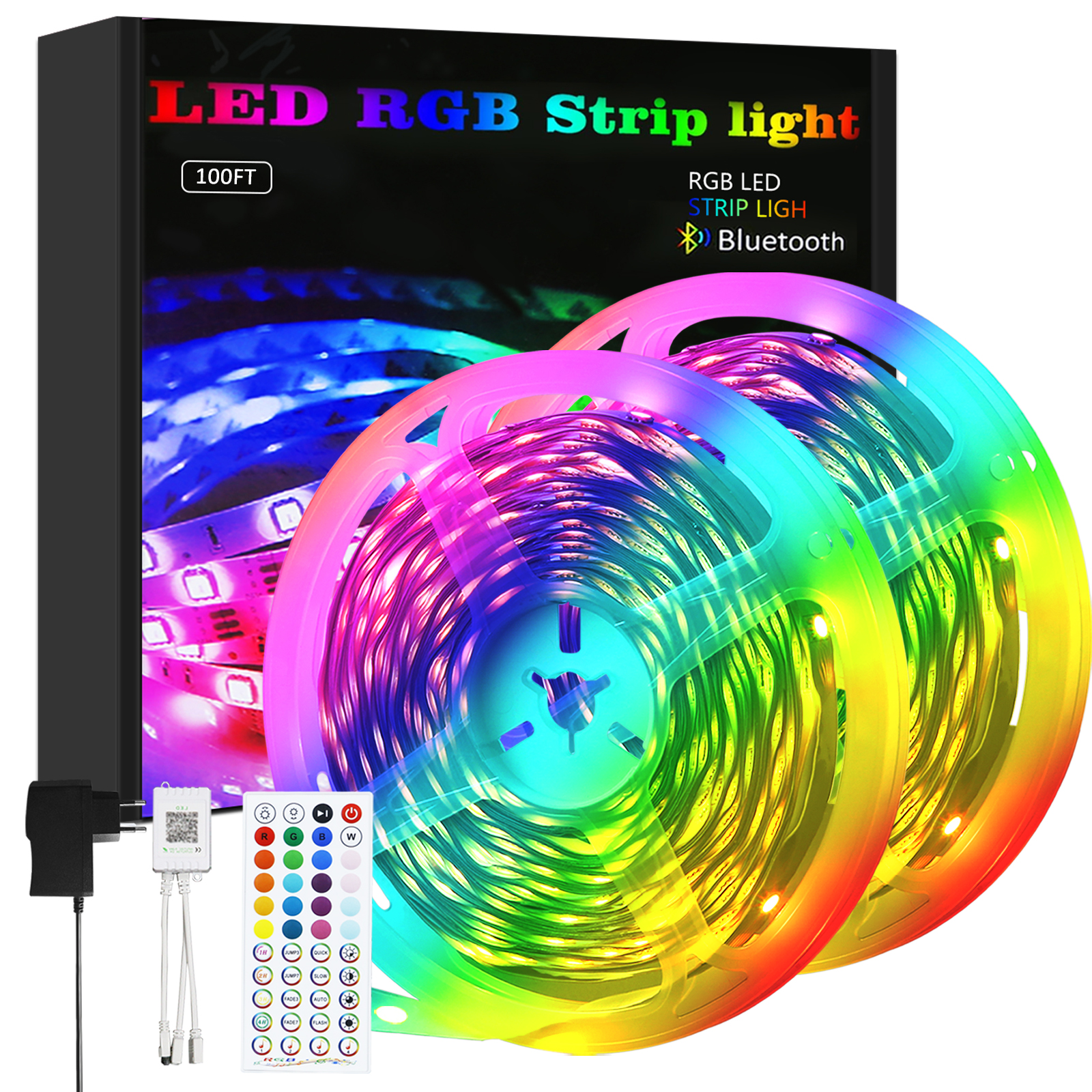 Striscia luminosa LED RGB in una scatola con un telecomando. Sono mostrati due rotoli di luce.