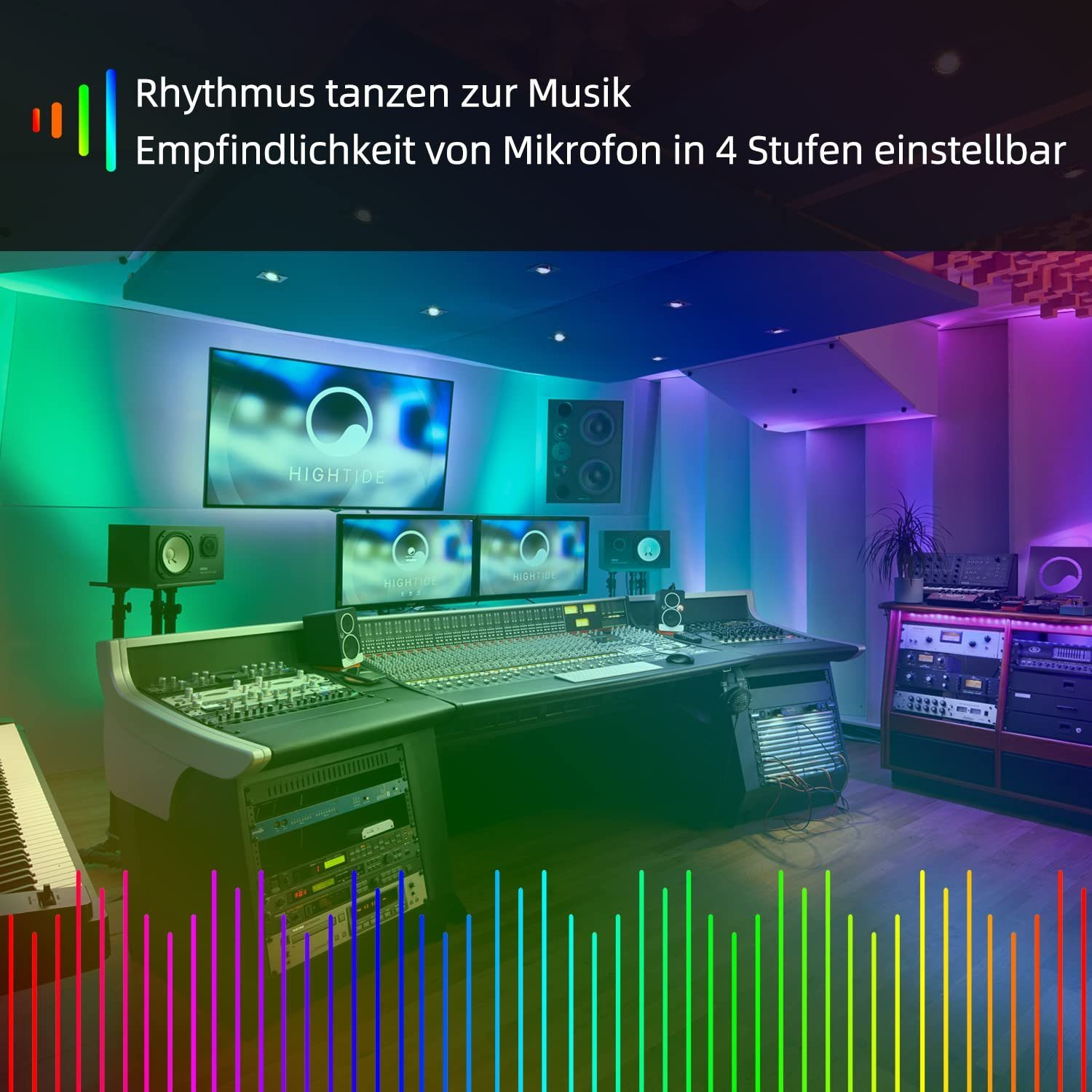 Scena di studio di registrazione con console di missaggio, monitor e testo in alto.