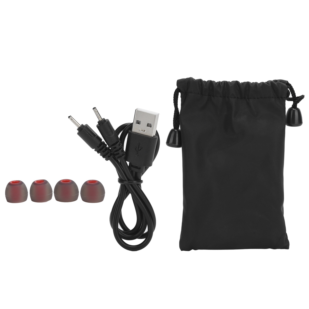 Kopfhörerzubehör: rote Ohrspitzen, USB-Kabel und ein schwarzer Beutel.