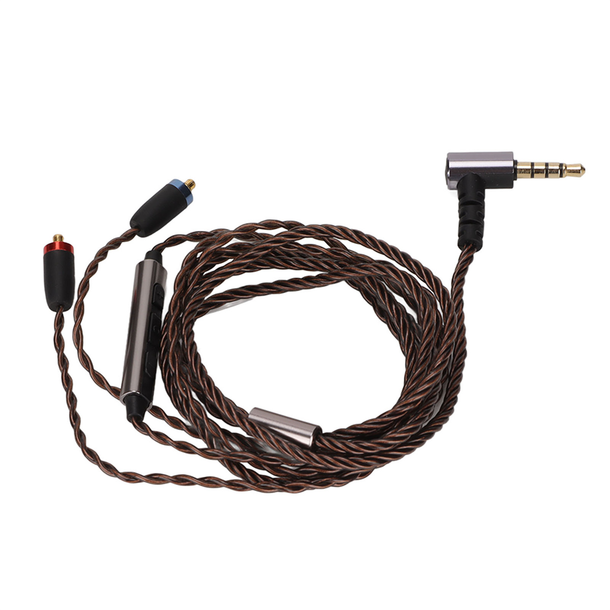 Geflochtenes braunes Audiokabel mit silberner Steuerbox und vergoldeten Steckern.