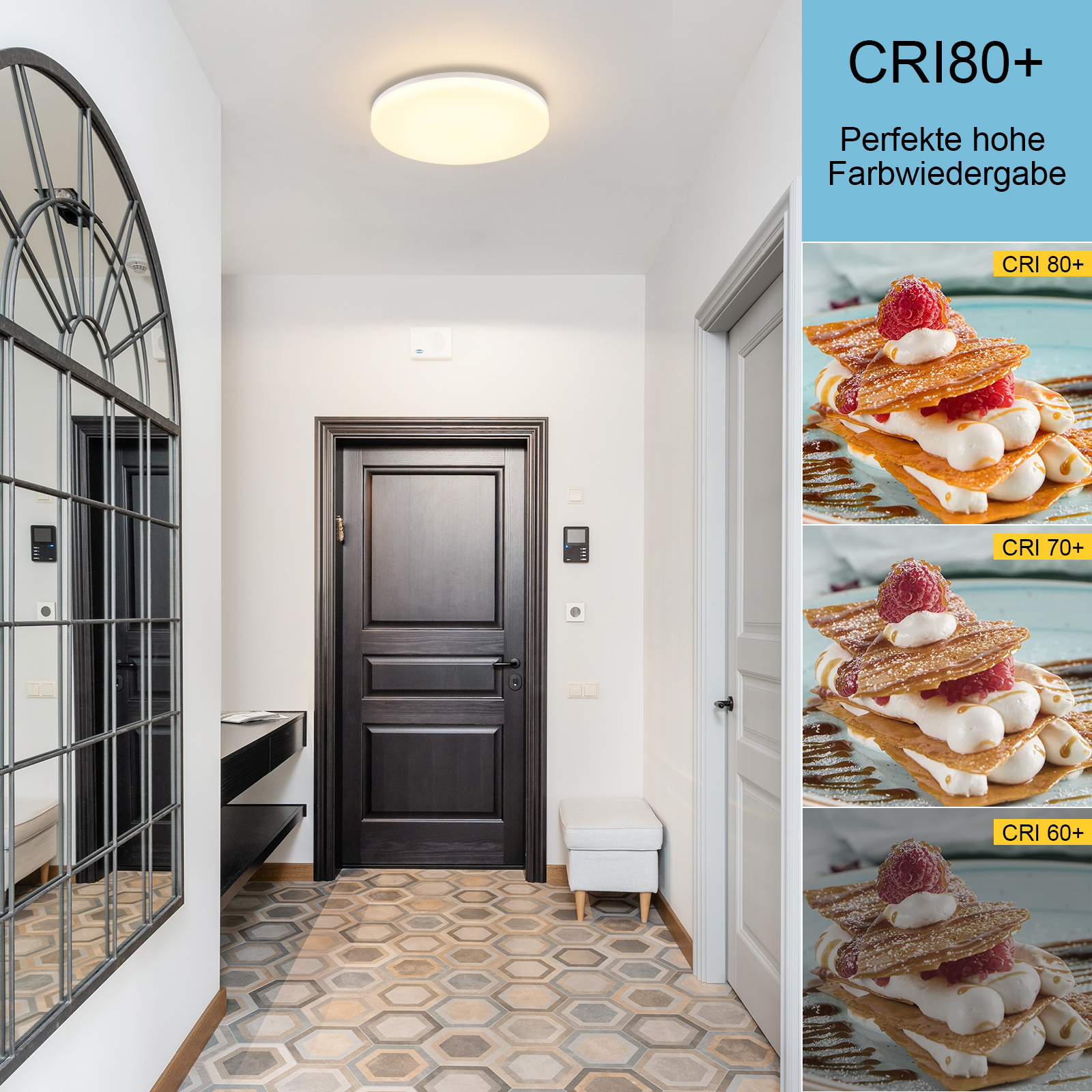 Korytarz z oświetleniem sufitowym i lustrem. Trzy zdjęcia jedzenia z CRI 80+, 70+ i 60+.