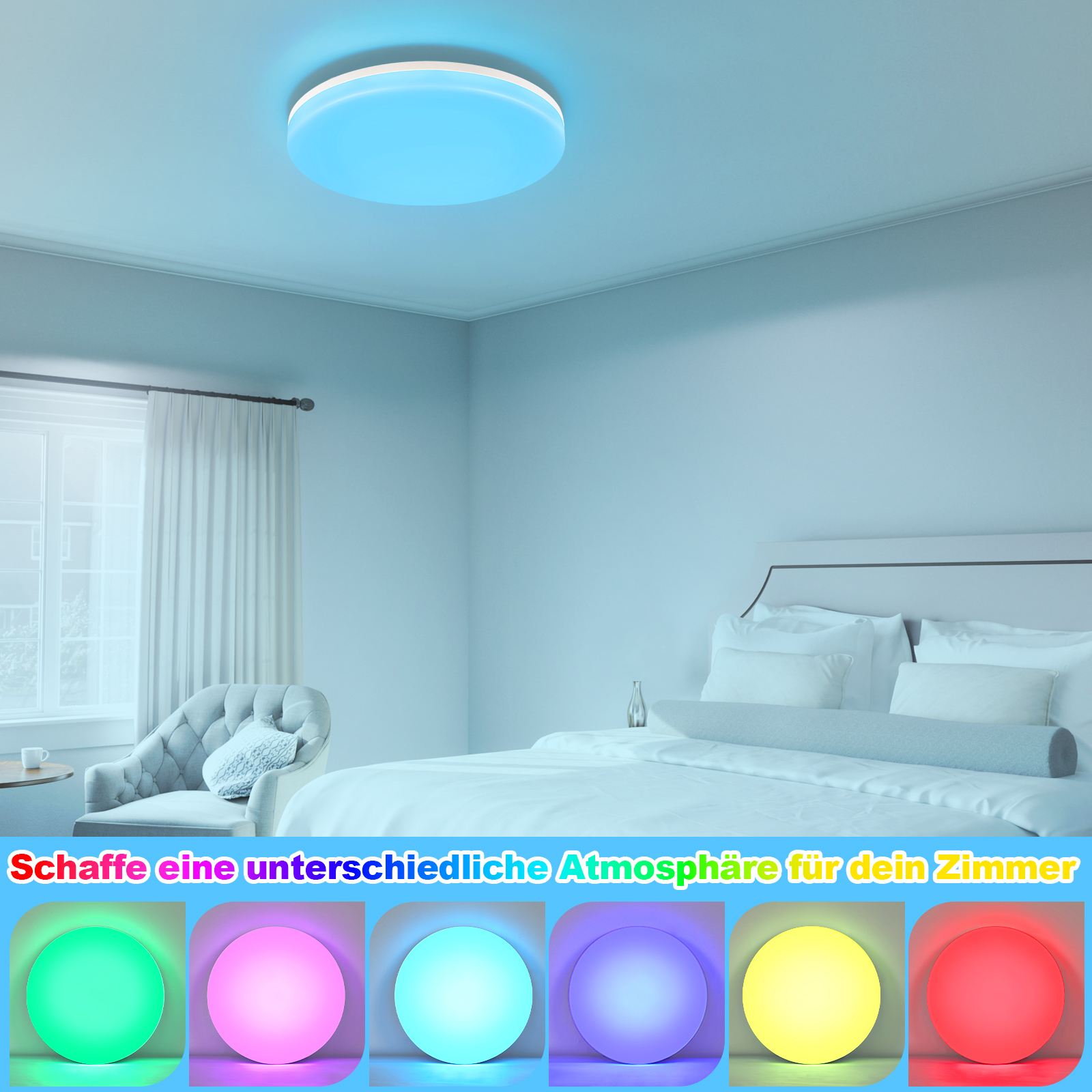 Lampa sufitowa z niebieskim światłem. Poniżej rząd świateł o różnych kolorach. Tekst po niemiecku.