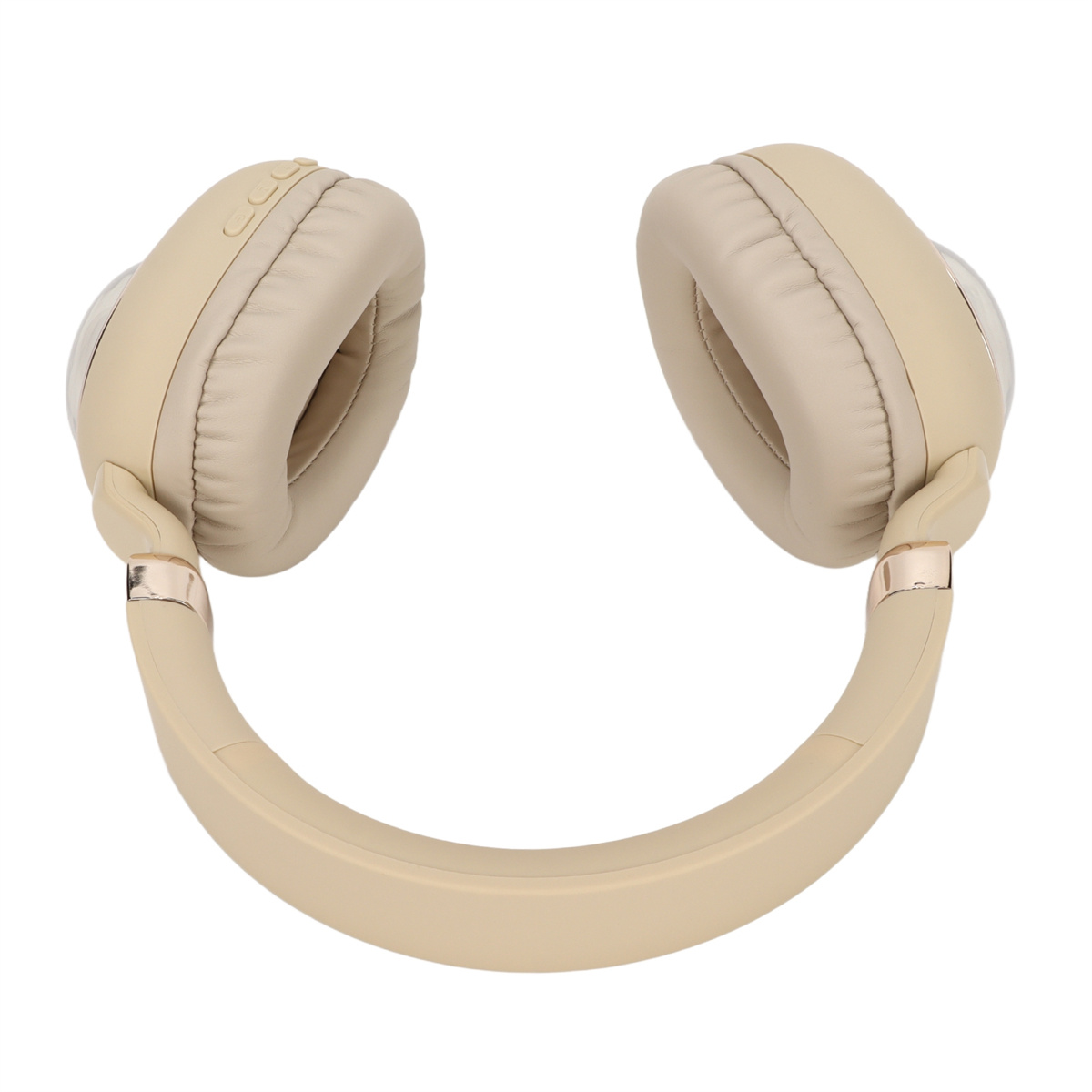Beige Kopfhörer mit beigefarbenen Ohrmuscheln und einem beigefarbenen Kopfbügel.