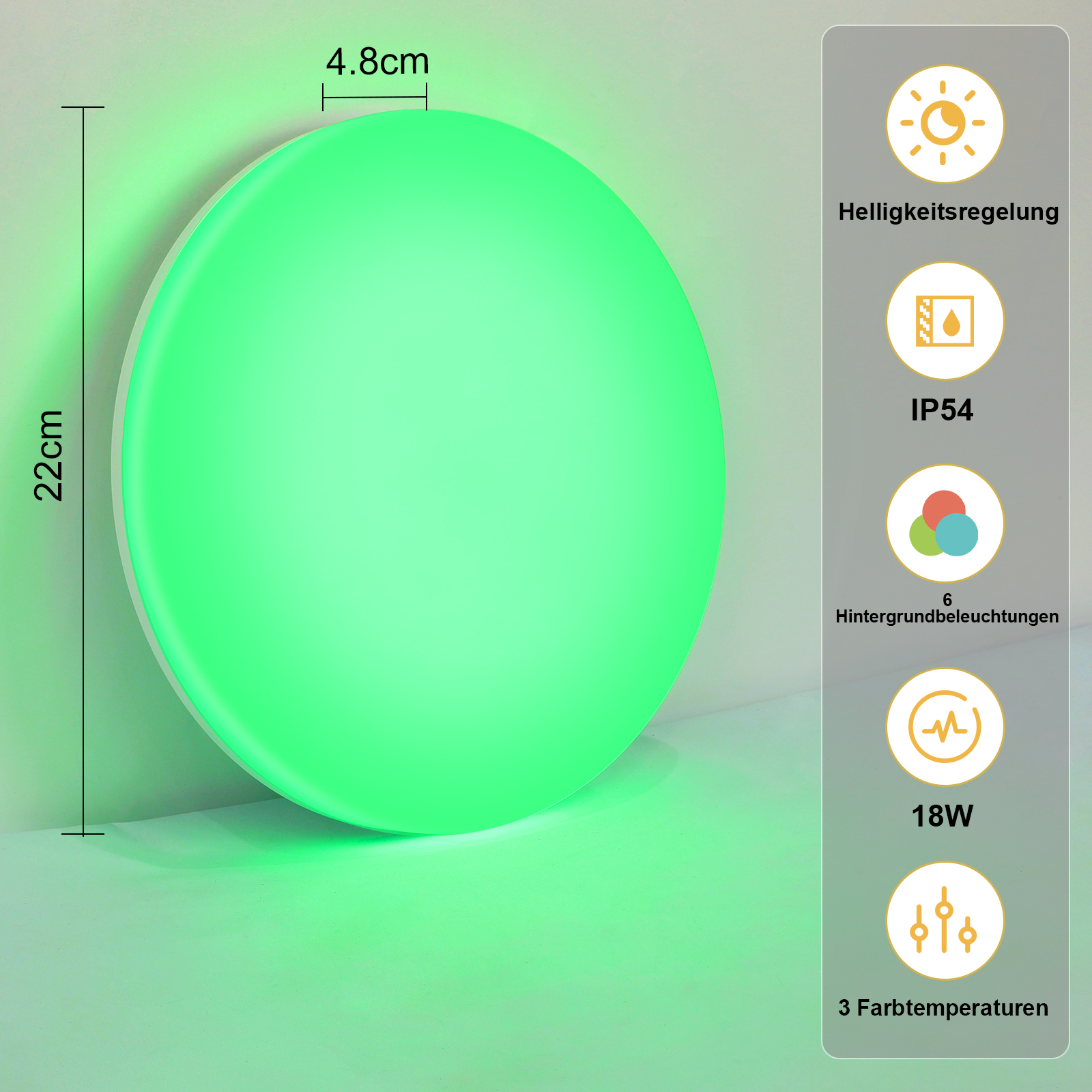 Zielone światło LED o wymiarach 22cm i ikonach: jasność, IP54, 18W.