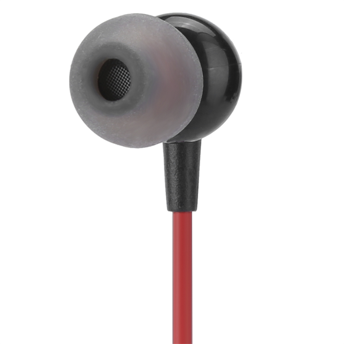 Nahaufnahme eines Ohrhörers mit rotem Kabel. Der Ohrhörer hat einen schwarzen Körper und eine graue Spitze.