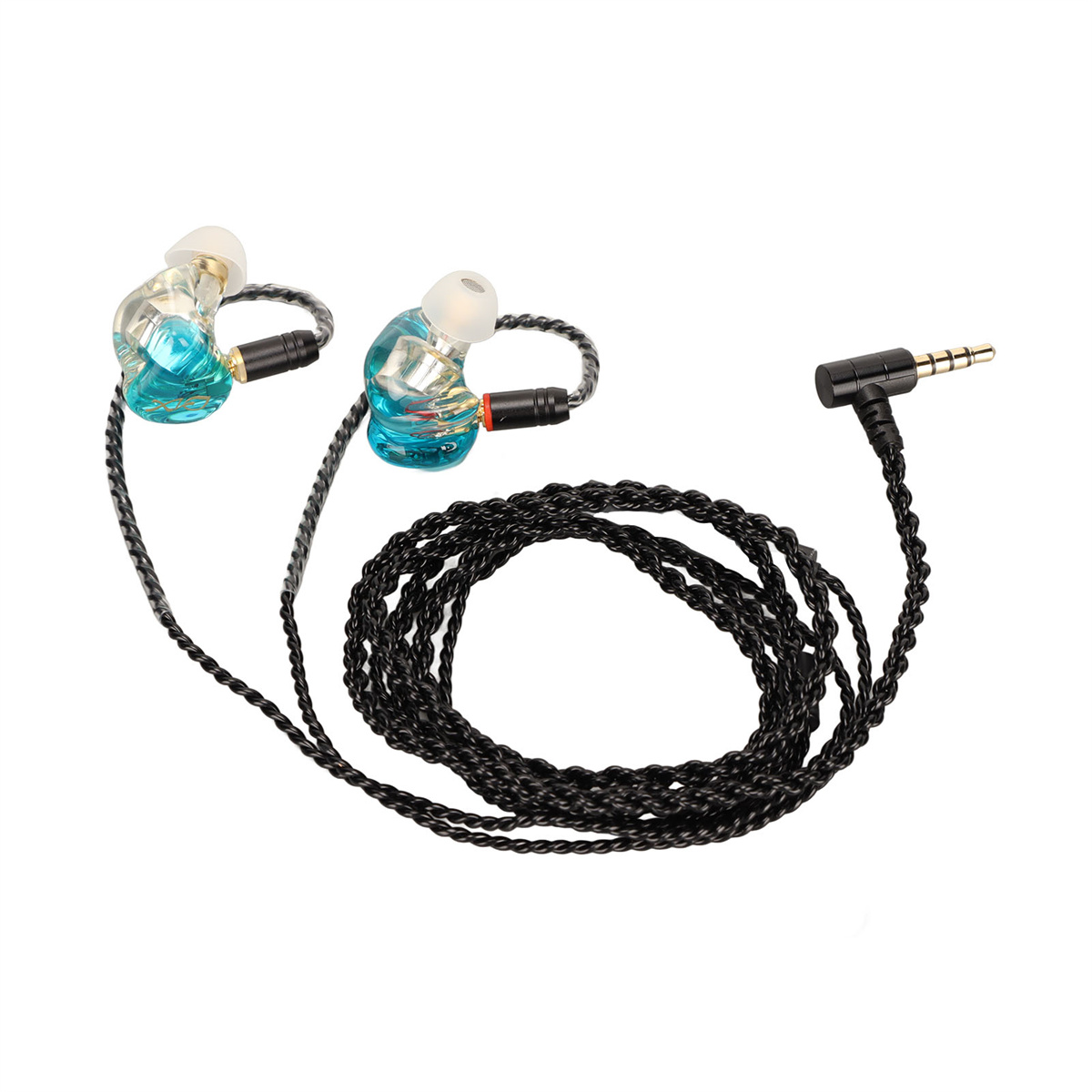 Kopfhörer mit transparenten blauen und schwarzen Details. Langes schwarzes Kabel mit 3,5-mm-Klinke.