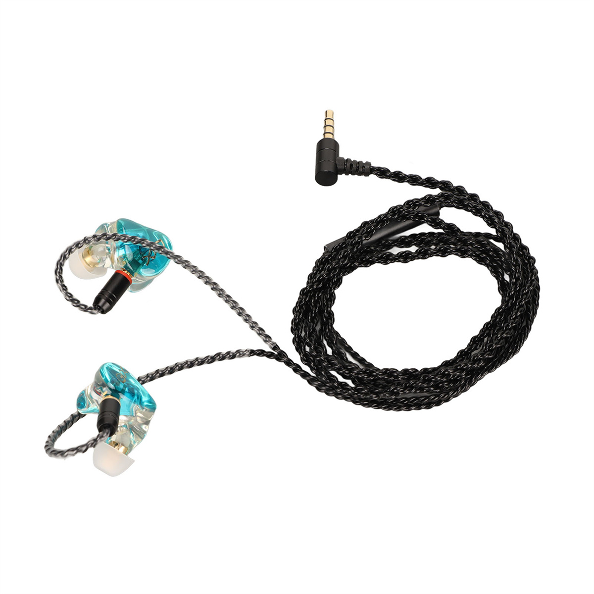 In-Ear-Monitore mit schwarzem Kabel und goldfarbenem Stecker, weißer Hintergrund.