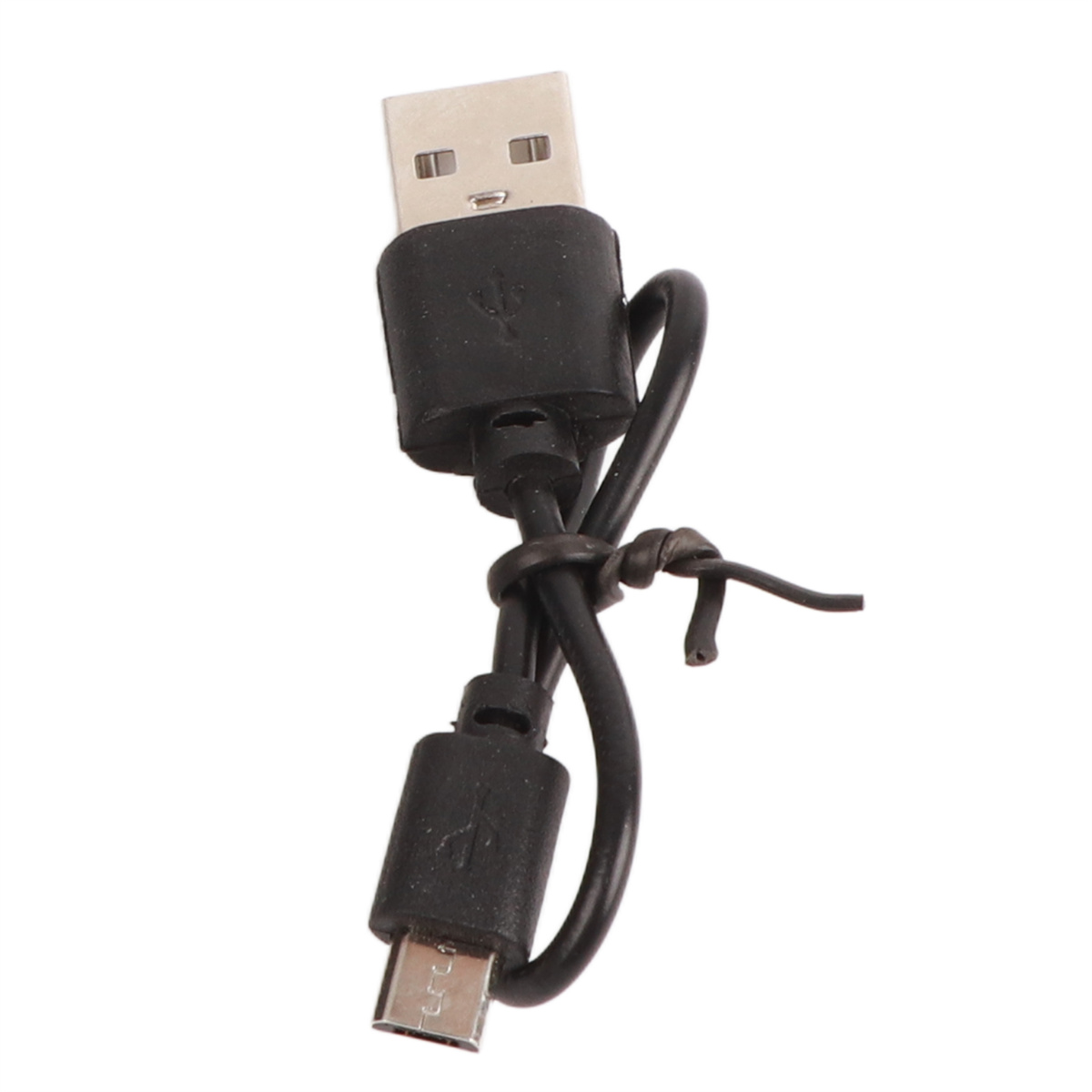 Ein schwarzes USB-zu-Micro-USB-Kabel. Das Kabel ist verknotet. Der Stecker zeigt nach oben.