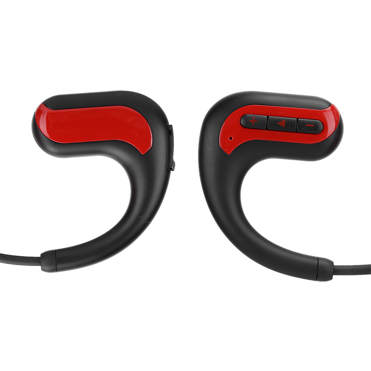 Zwei schwarze und rote Sport-Ohrhörer mit Bedienelementen auf einer Seite, verbunden durch ein Kabel.