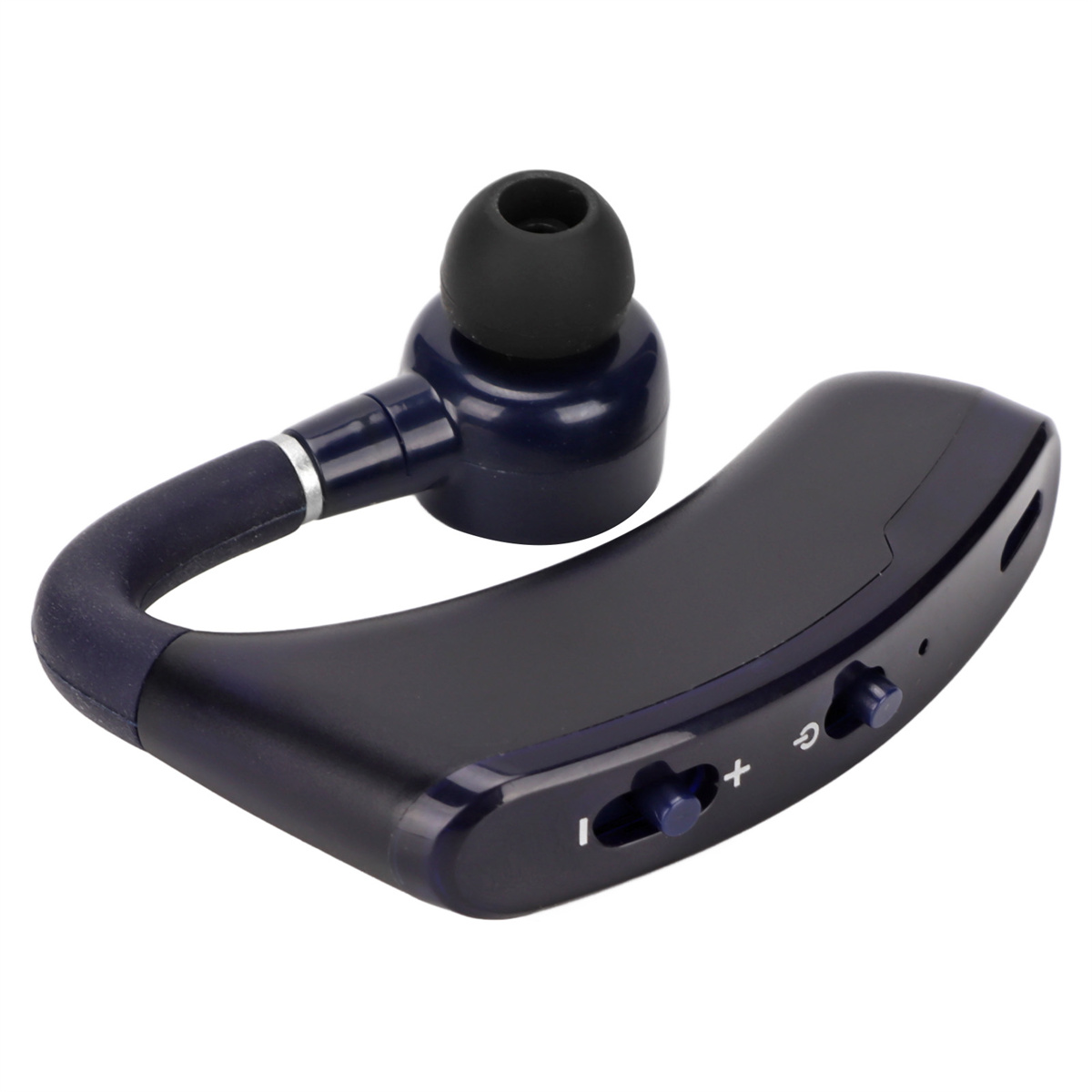 Ein dunkelblaues und schwarzes Bluetooth-Headset. Es hat Tasten für Lautstärke und Strom.