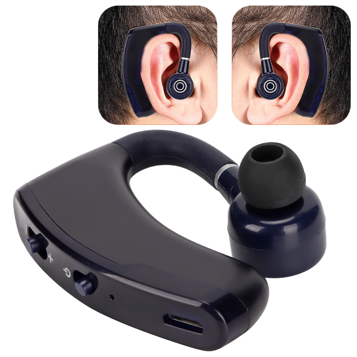 Schwarzes Bluetooth-Headset, am Ohr getragen, und zwei Ohrenansichten.