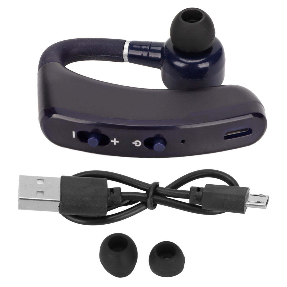 Ein kabelloses Bluetooth-Headset mit Ladekabel und zwei Ersatz-Ohrstöpseln.