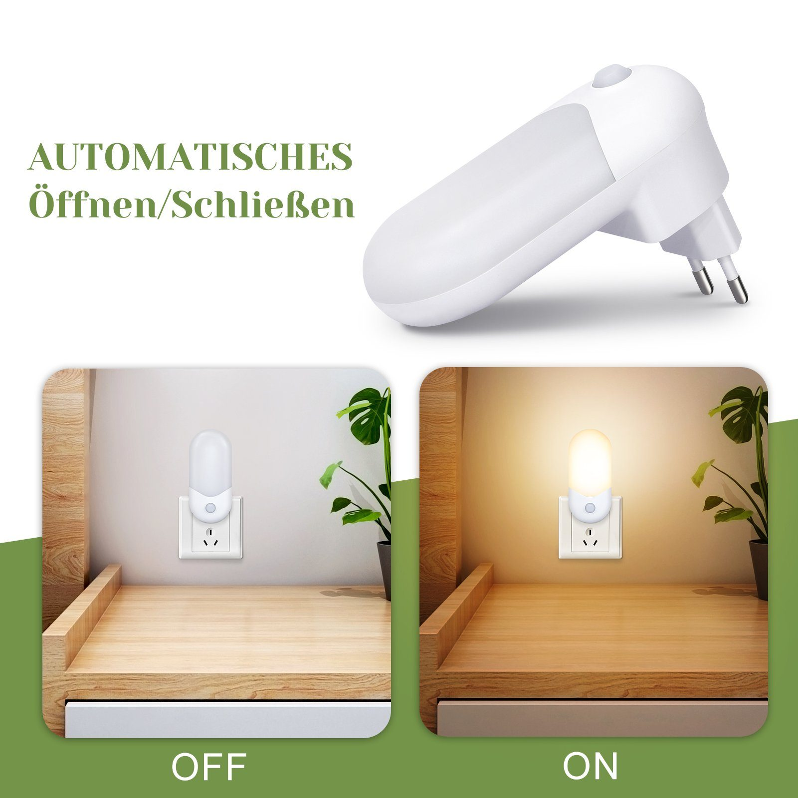 Biała lampka nocna w gniazdku. Dwa obrazy pokazują ją włączoną i wyłączoną, z roślinami w tle.