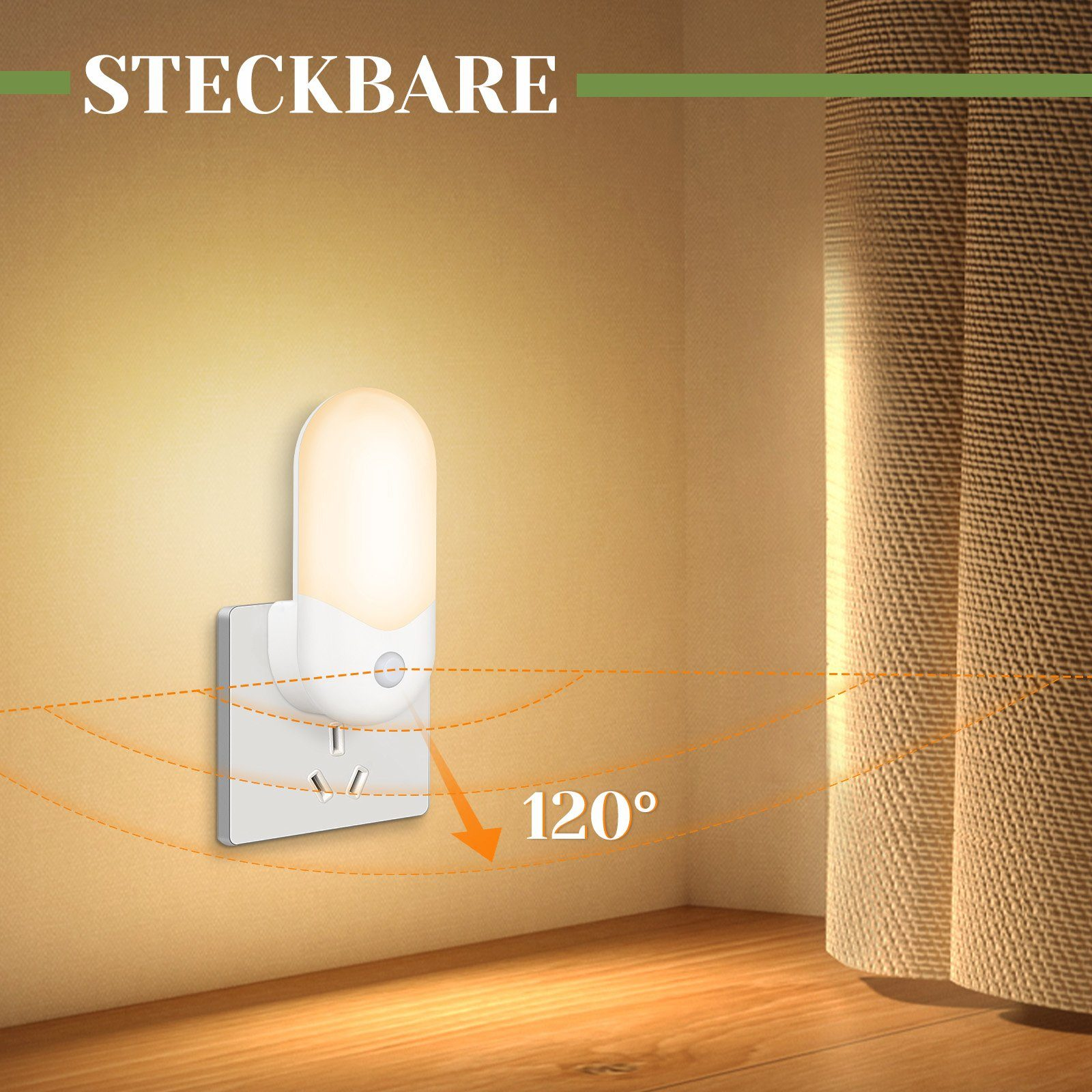 Biała lampka nocna w gniazdku ściennym, z wiązką światła 120 stopni.