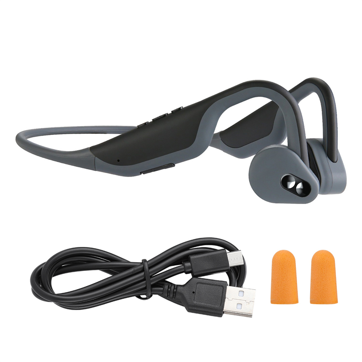 Schwarze und graue Knochenschallkopfhörer, Ladekabel und Ohrstöpsel.