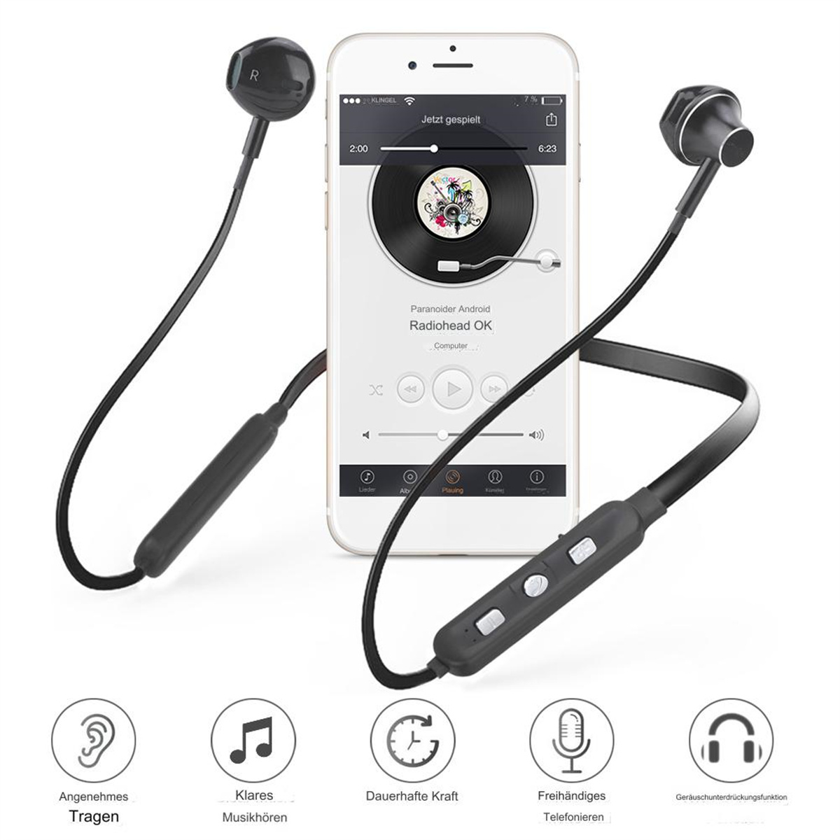 Schwarze Kopfhörer mit einem Telefon, das eine Musik-Player-Oberfläche und Symbole unten zeigt.