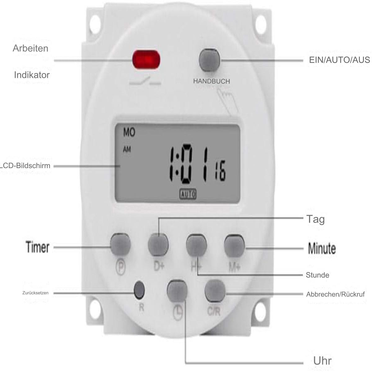 Digitaler Timer mit deutschen beschrifteten Tasten. LCD zeigt Zeit, rotes Licht leuchtet.