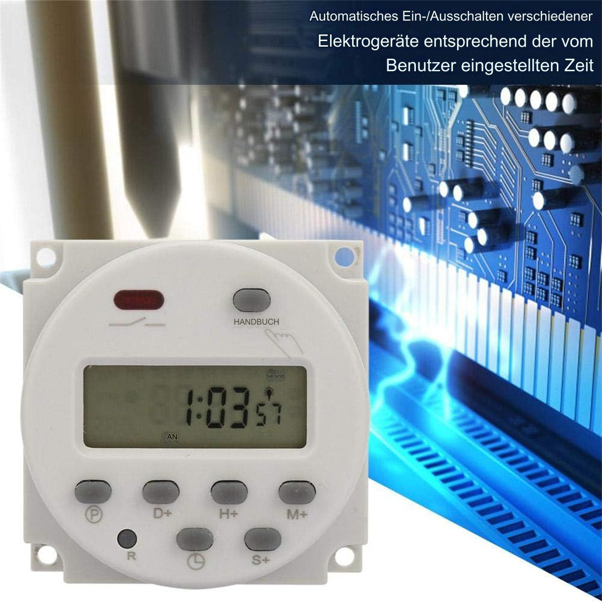 Weißer Timer mit Knöpfen und Digitalanzeige, mit elektronischen Bauteilen im Hintergrund.