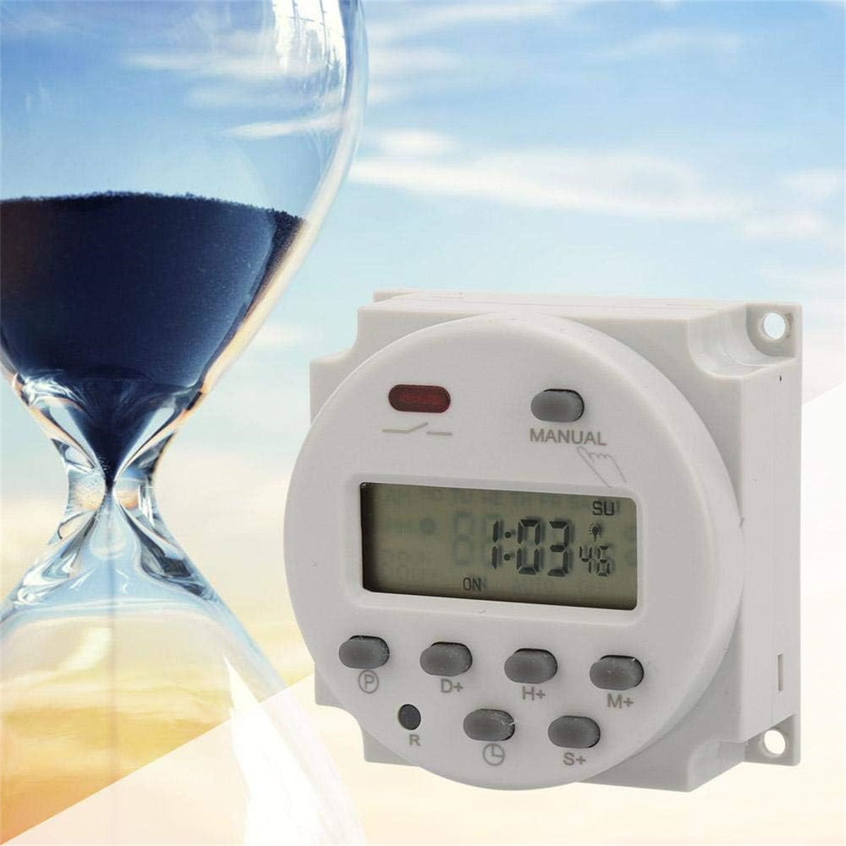 Ein weißer Timer mit Knöpfen und Digitalanzeige, mit einer Sanduhr.