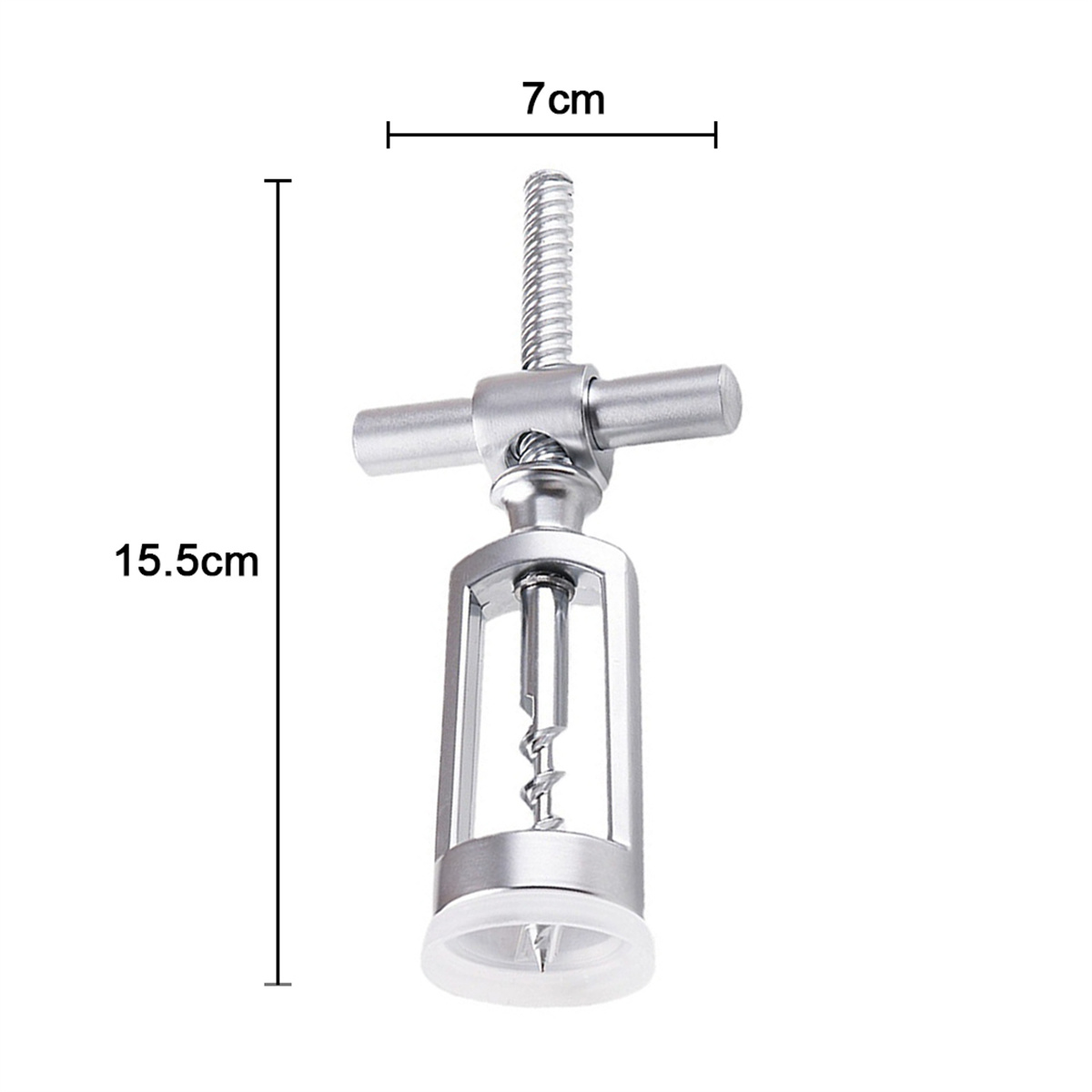 Silberner Korkenzieher mit Maßen. Abmessungen sind 15,5 cm Höhe und 7 cm Breite.