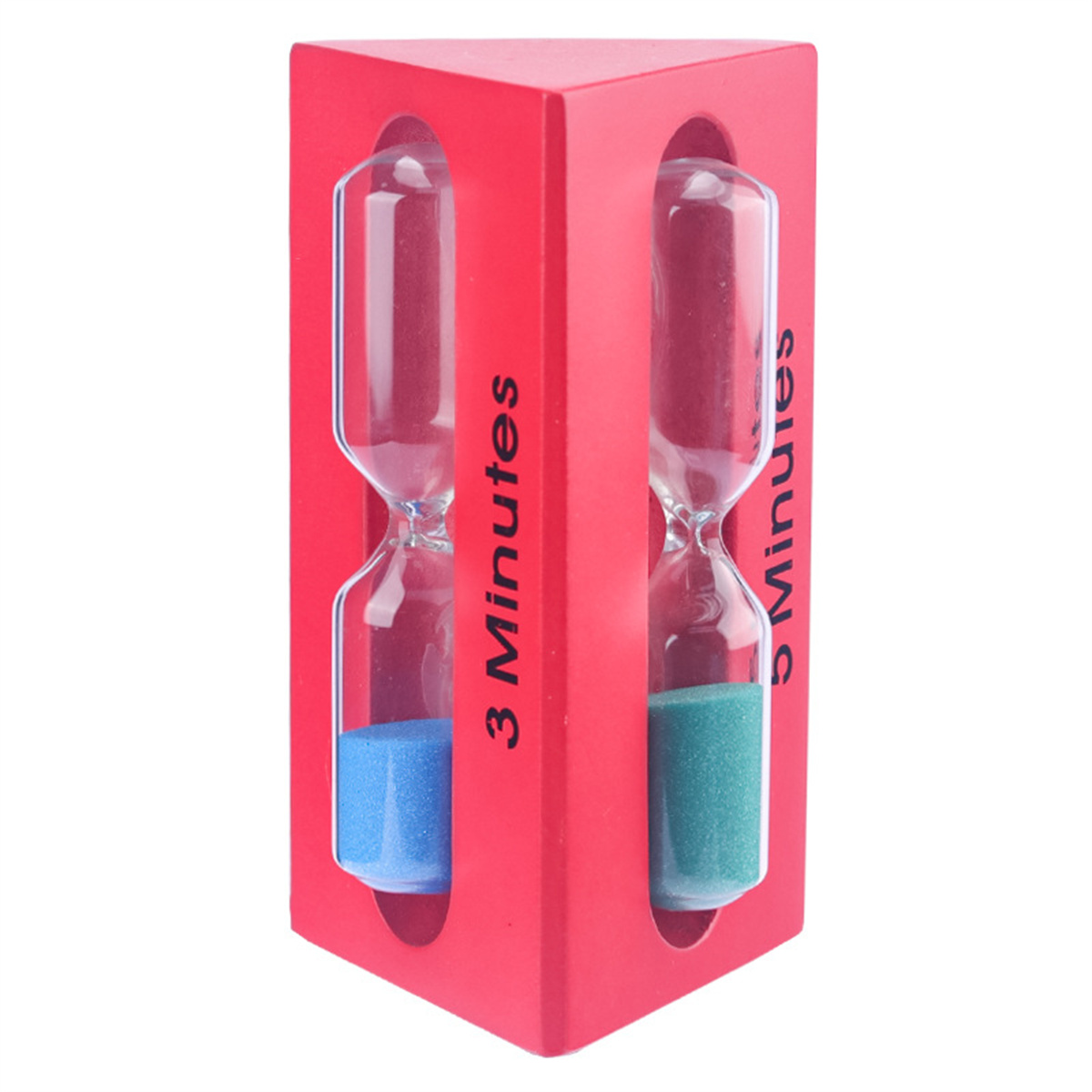 Roter Sanduhr-Timer in einem dreieckigen Rahmen, zeigt 3- und 5-Minuten-Timer mit blauem und grünem Sand.
