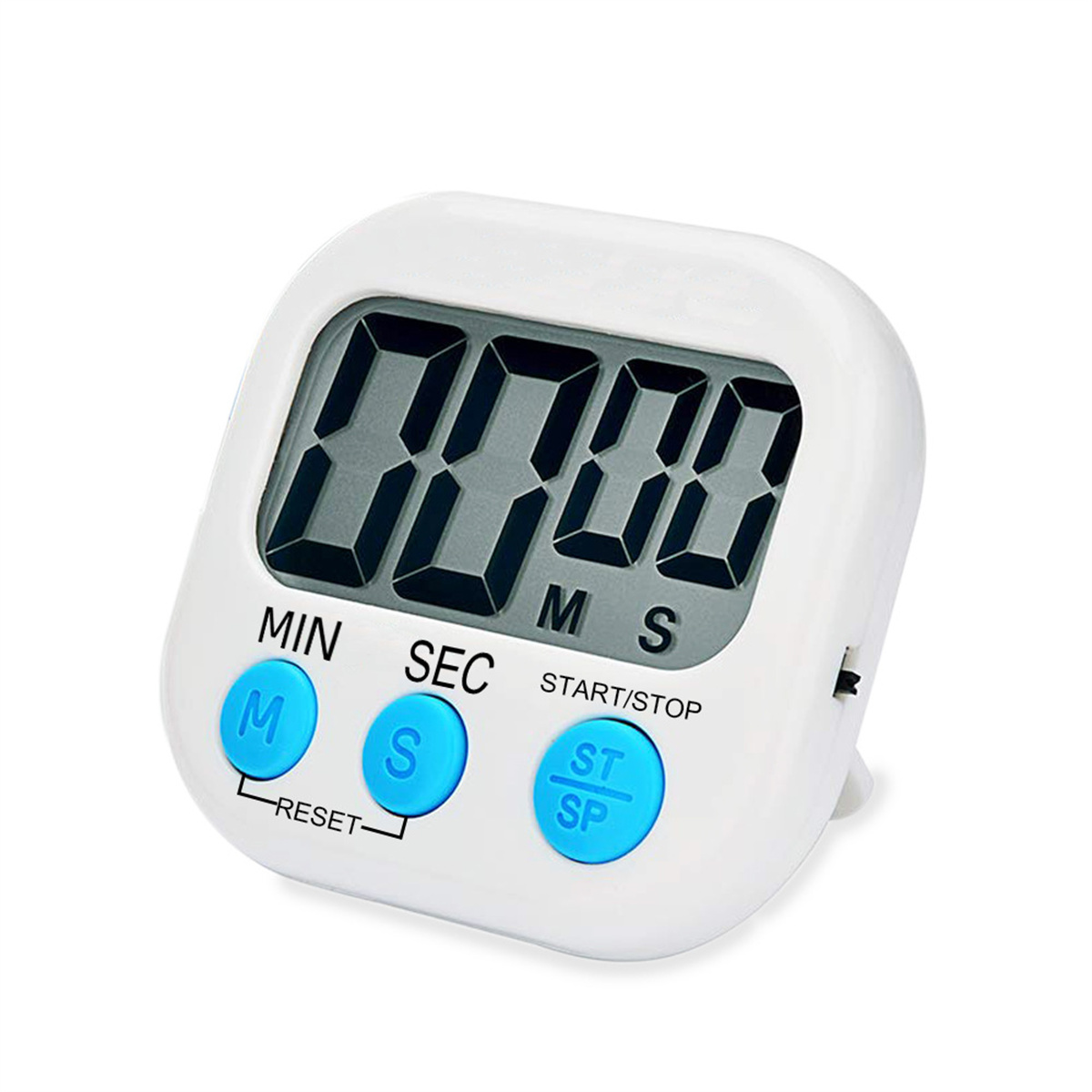 Ein weißer digitaler Küchentimer. Er hat ein Display und Tasten mit MIN, SEC und START/STOP.