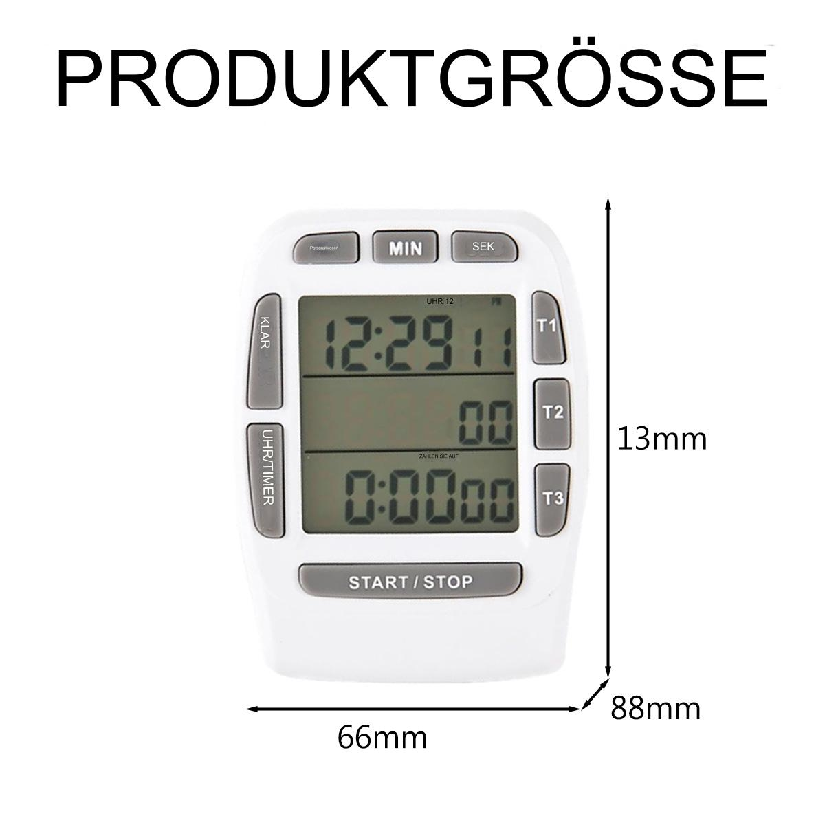 Weißer Küchentimer mit Digitalanzeige. Abmessungen in mm angegeben.