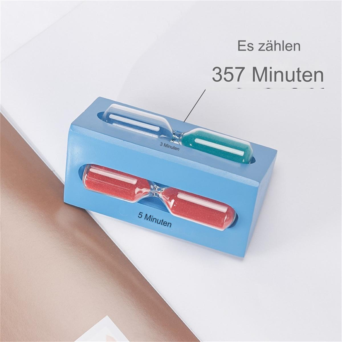 Blaue hölzerne Sanduhr mit rotem und grünem Sand, Text: '357 Minuten'.