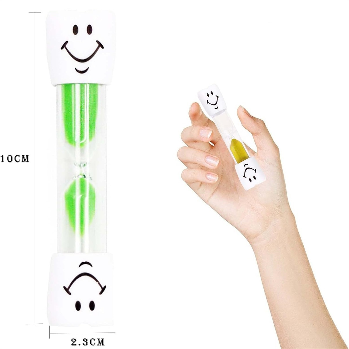 Eine grüne und weiße Sanduhr mit Smiley-Gesichtern an jedem Ende, neben einer Hand.