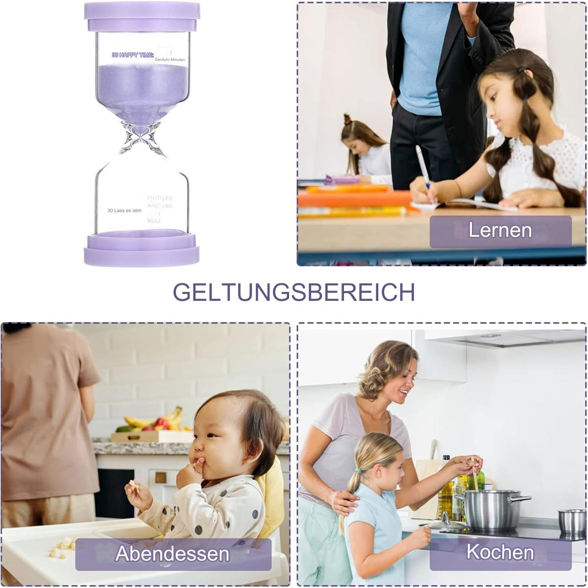 Sanduhr, Kinder lernen, Baby isst, Frau kocht. Alles in einem Rahmen.