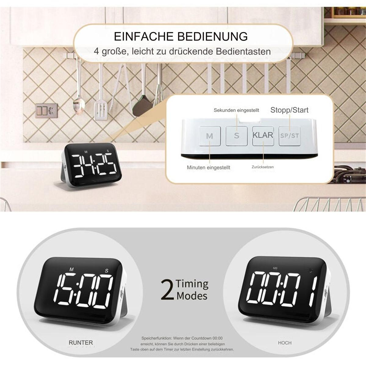 Ein digitaler Küchentimer, der die Zeit anzeigt, mit einem Bedienfeld und einer Nahaufnahme des Timers.