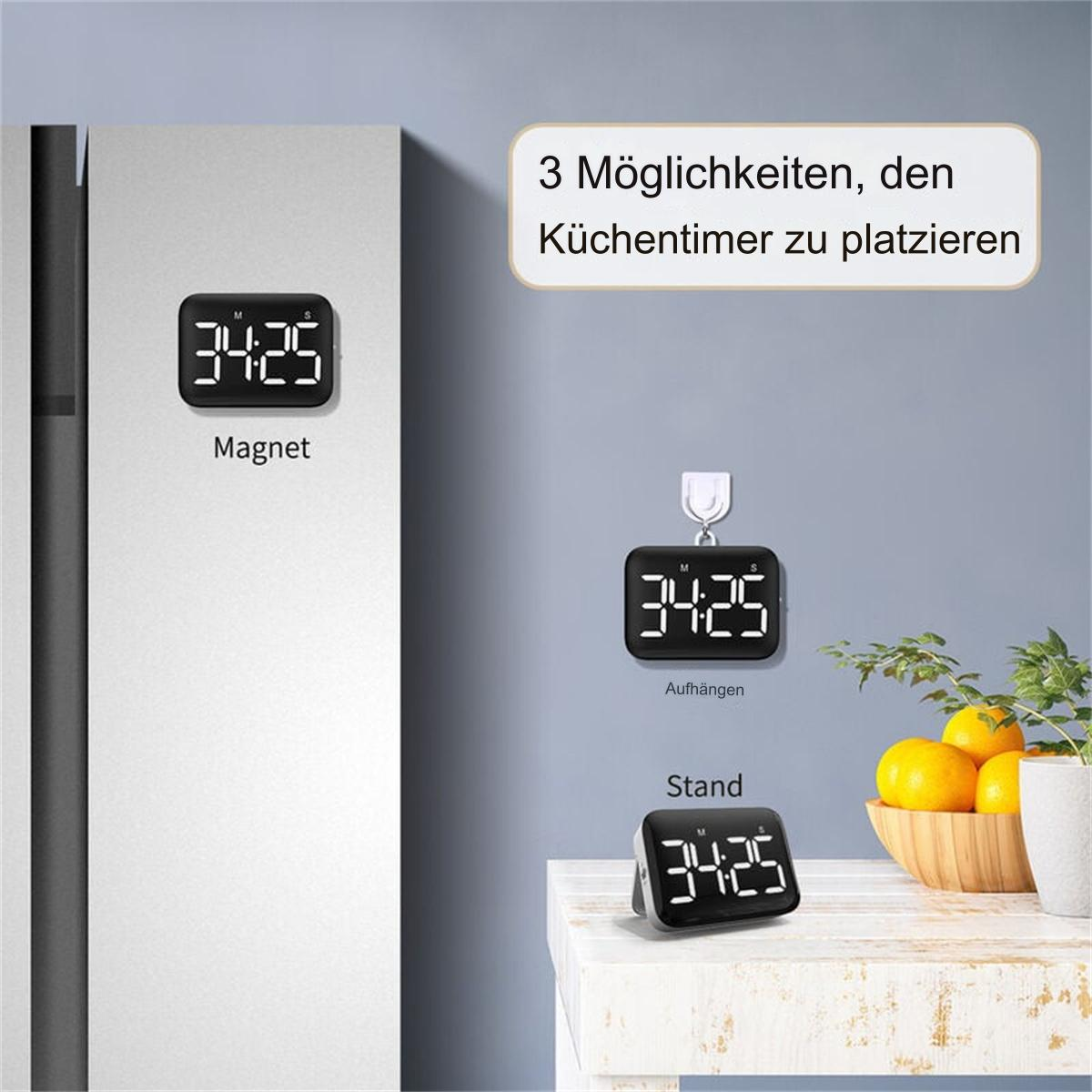 Ein schwarzer digitaler Küchentimer mit drei Platzierungsoptionen: Magnet, Hängen, Ständer, an einer Wand angezeigt.