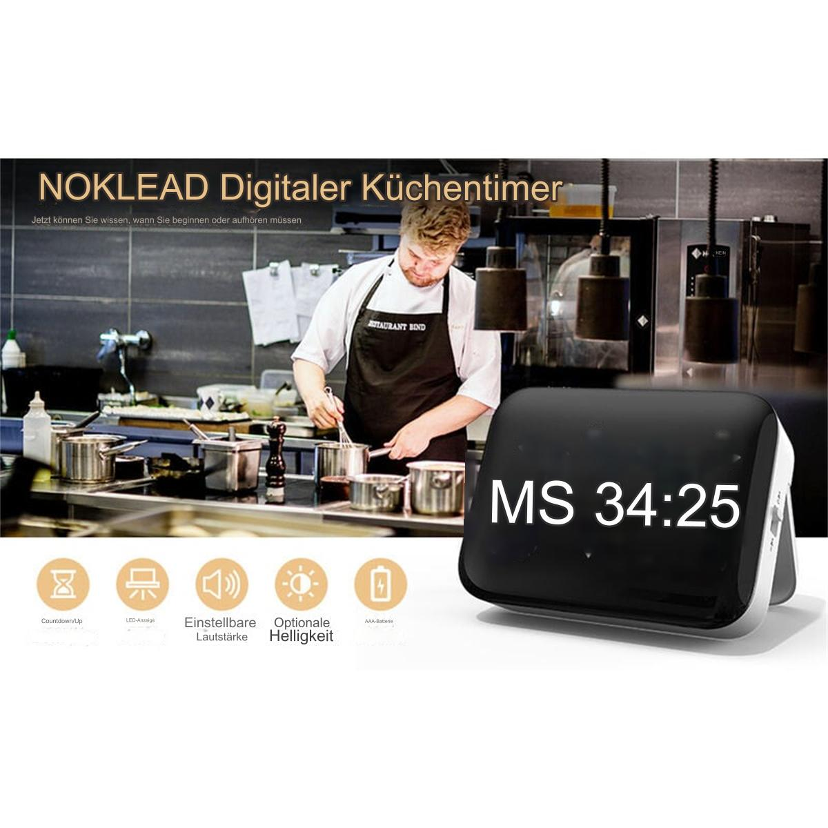 Schwarzer digitaler Küchentimer mit Koch im Hintergrund. Der Timer zeigt 34:25 an.