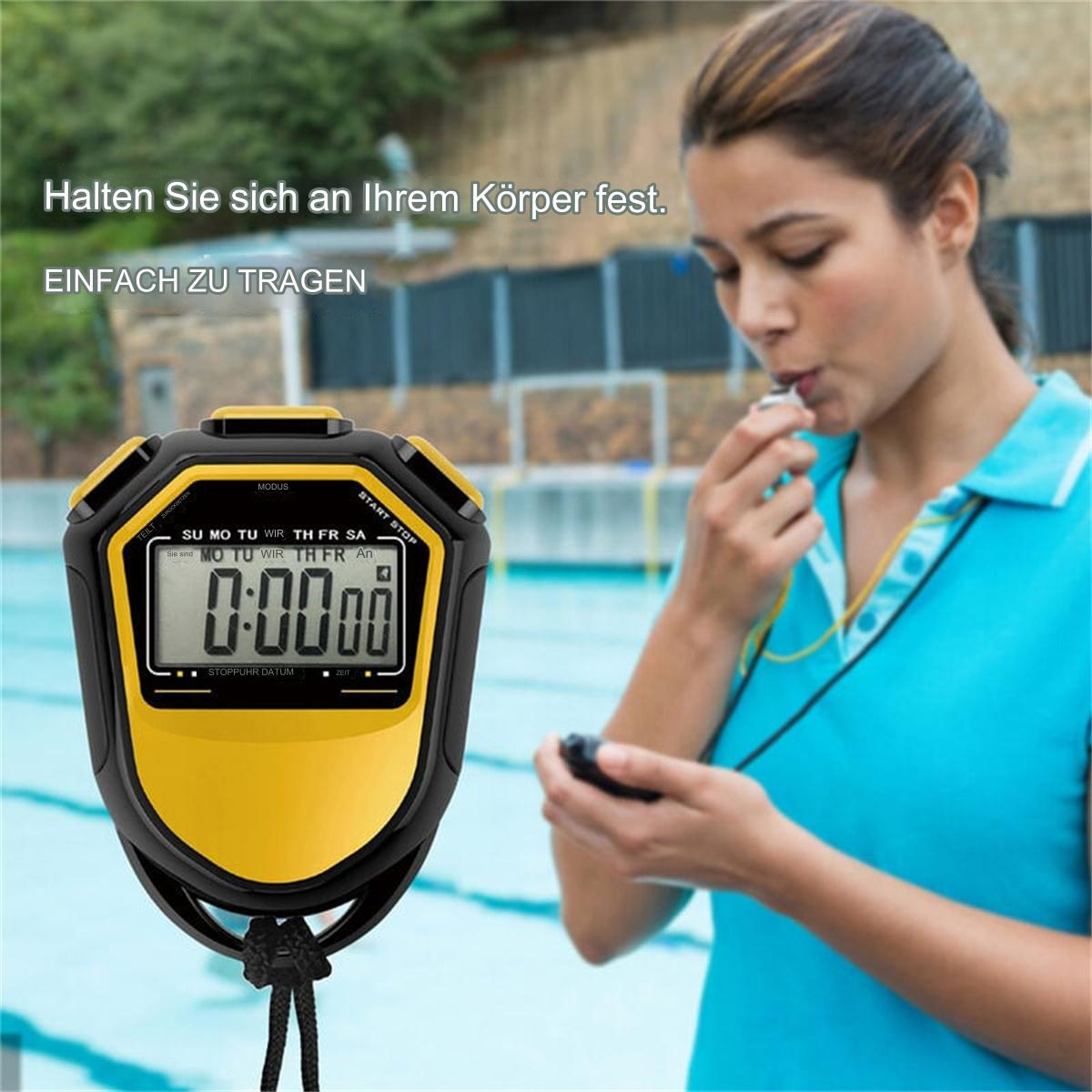 Eine Frau pfeift, mit einer Stoppuhr, die 0:00.00 anzeigt, und Text darüber.