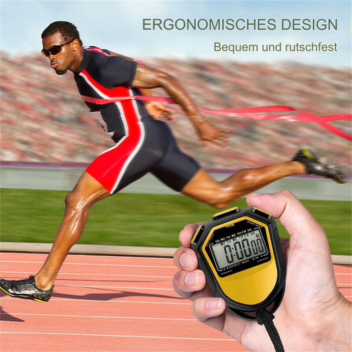 Athlet läuft, hält eine Stoppuhr. Text: Ergonomisches Design, bequem und rutschfest.