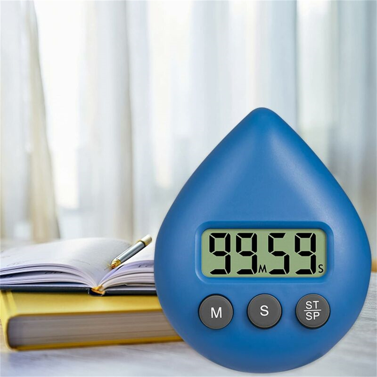 Blauer tropfenförmiger Timer mit Anzeige 99:59 und Knöpfen.