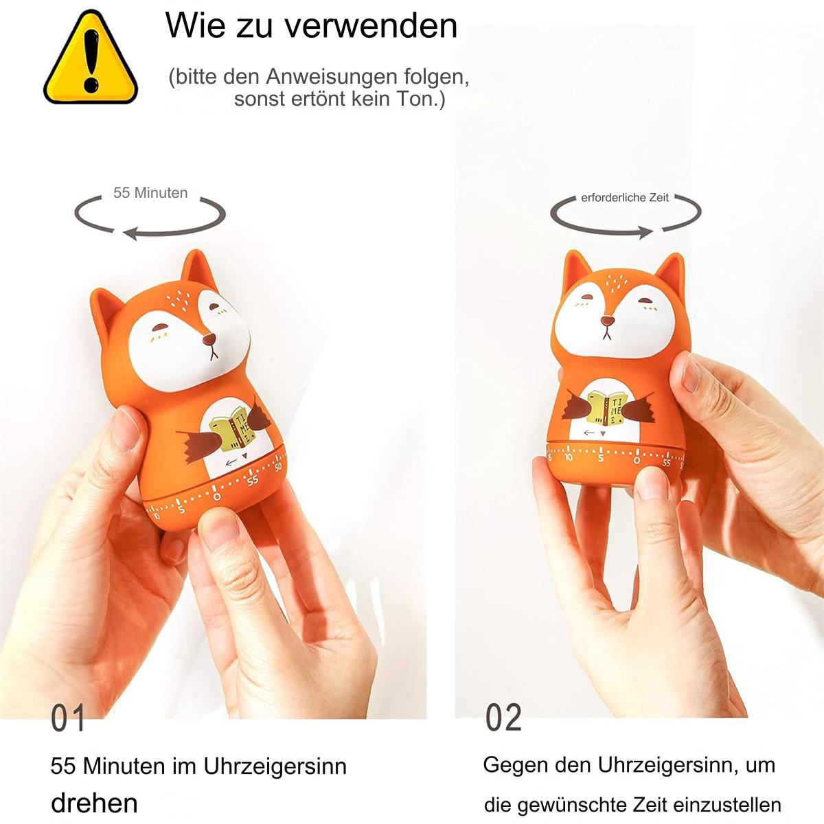 Zwei Bilder zeigen die Verwendung eines Fuchstimers. Hände drehen den Timer.