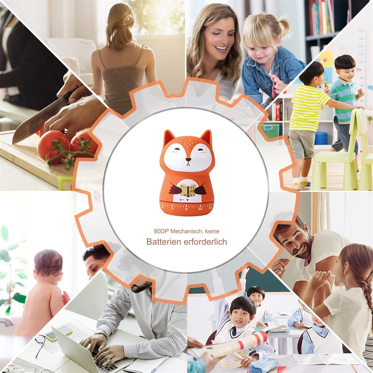 Ein Fuchstimer umgeben von einer Collage von Menschen, die kochen, arbeiten und mit Kindern interagieren.